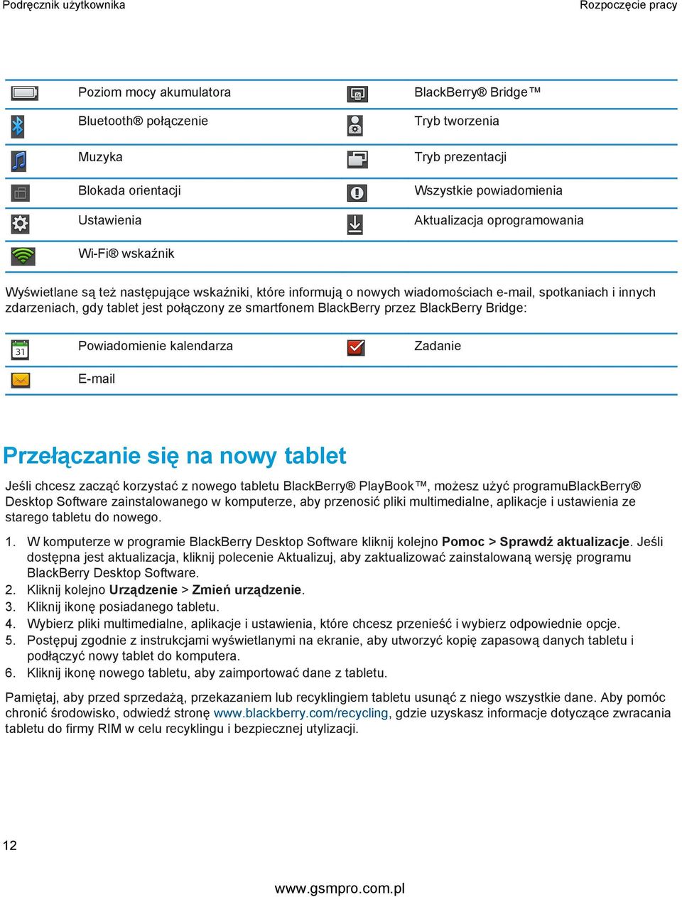 BlackBerry przez BlackBerry Bridge: Powiadomienie kalendarza Zadanie E-mail Przełączanie się na nowy tablet Jeśli chcesz zacząć korzystać z nowego tabletu BlackBerry PlayBook, możesz użyć