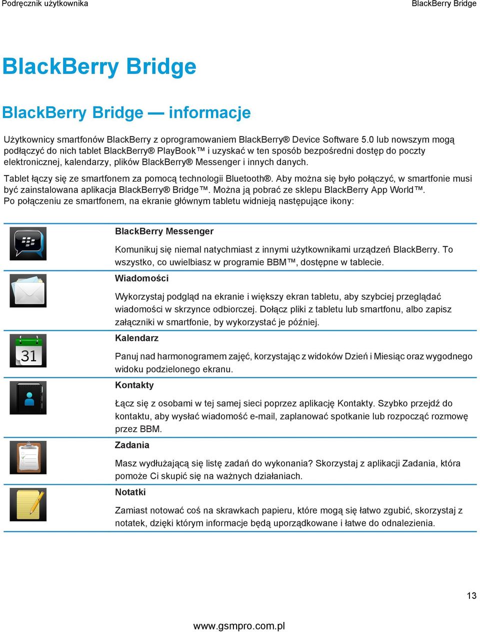 Tablet łączy się ze smartfonem za pomocą technologii Bluetooth. Aby można się było połączyć, w smartfonie musi być zainstalowana aplikacja BlackBerry Bridge.