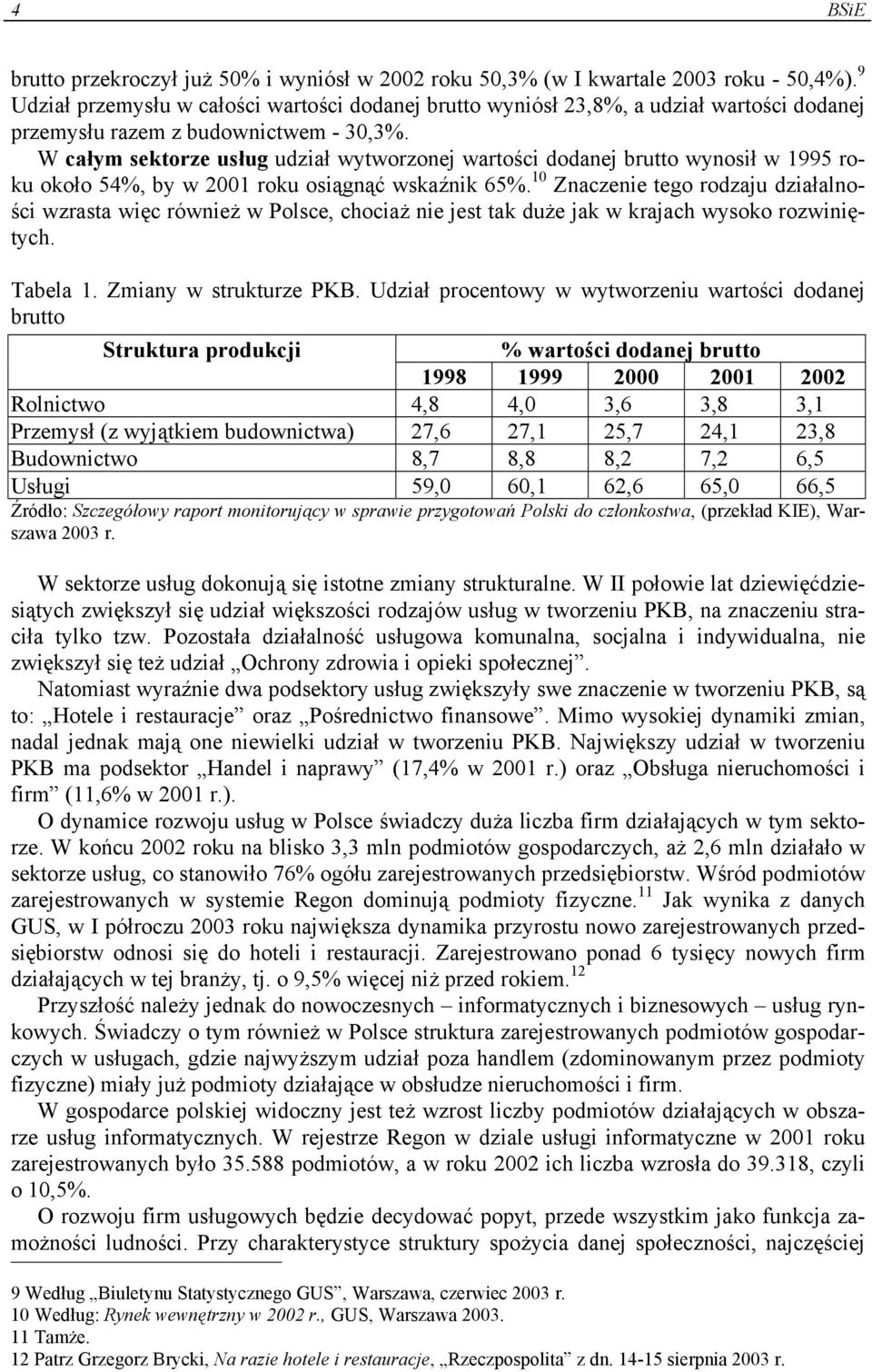 W całym sektorze usług udział wytworzonej wartości dodanej brutto wynosił w 1995 roku około 54%, by w 2001 roku osiągnąć wskaźnik 65%.