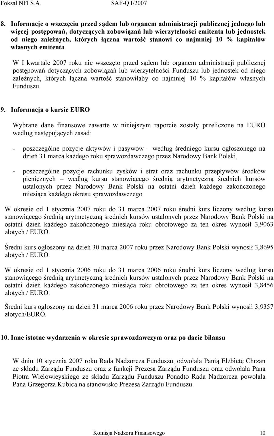 wierzytelności Funduszu lub jednostek od niego zależnych, których łączna wartość stanowiłaby co najmniej 10 % kapitałów własnych Funduszu. 9.