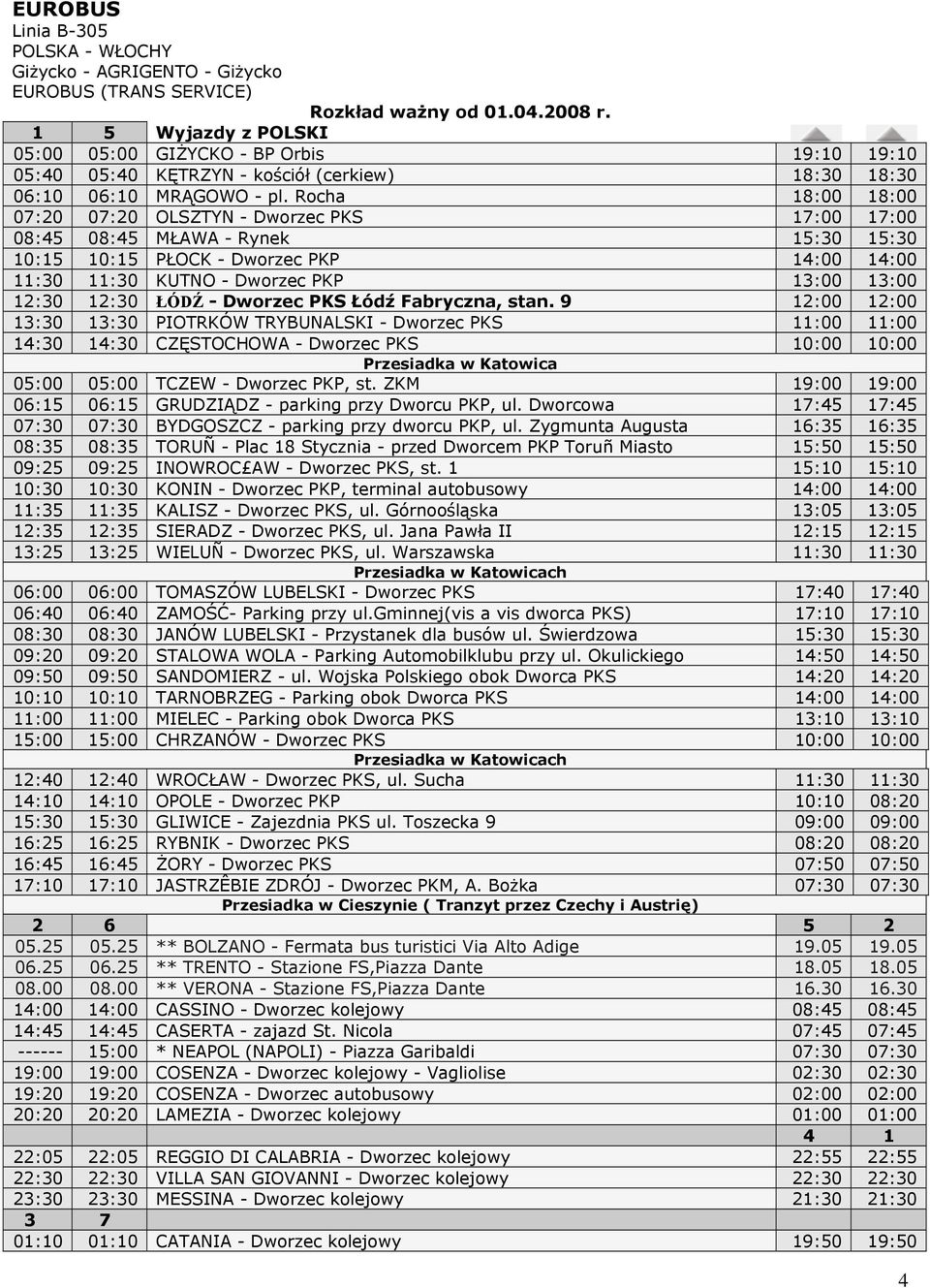 Rocha 18:00 18:00 07:20 07:20 OLSZTYN - Dworzec PKS 17:00 17:00 08:45 08:45 MŁAWA - Rynek 15:30 15:30 10:15 10:15 PŁOCK - Dworzec PKP 14:00 14:00 11:30 11:30 KUTNO - Dworzec PKP 13:00 13:00 12:30