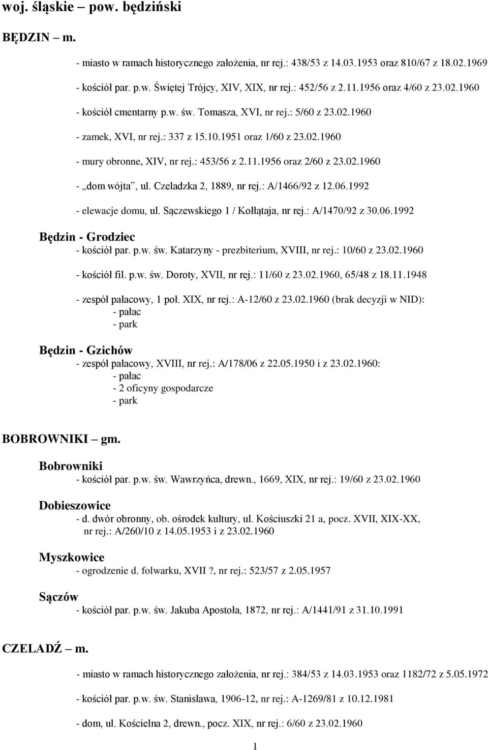 : 453/56 z 2.11.1956 oraz 2/60 z 23.02.1960 - dom wójta, ul. Czeladzka 2, 1889, nr rej.: A/1466/92 z 12.06.1992 - elewacje domu, ul. Sączewskiego 1 / Kołłątaja, nr rej.: A/1470/92 z 30.06.1992 Będzin - Grodziec - kościół par.