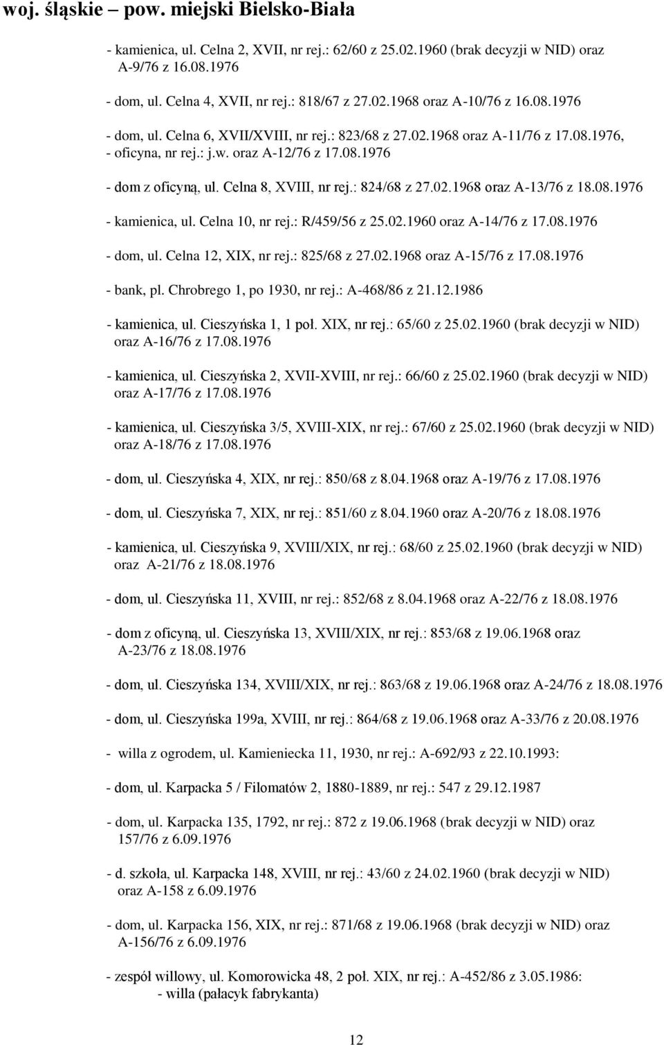 : 824/68 z 27.02.1968 oraz A-13/76 z 18.08.1976 - kamienica, ul. Celna 10, nr rej.: R/459/56 z 25.02.1960 oraz A-14/76 z 17.08.1976 - dom, ul. Celna 12, XIX, nr rej.: 825/68 z 27.02.1968 oraz A-15/76 z 17.