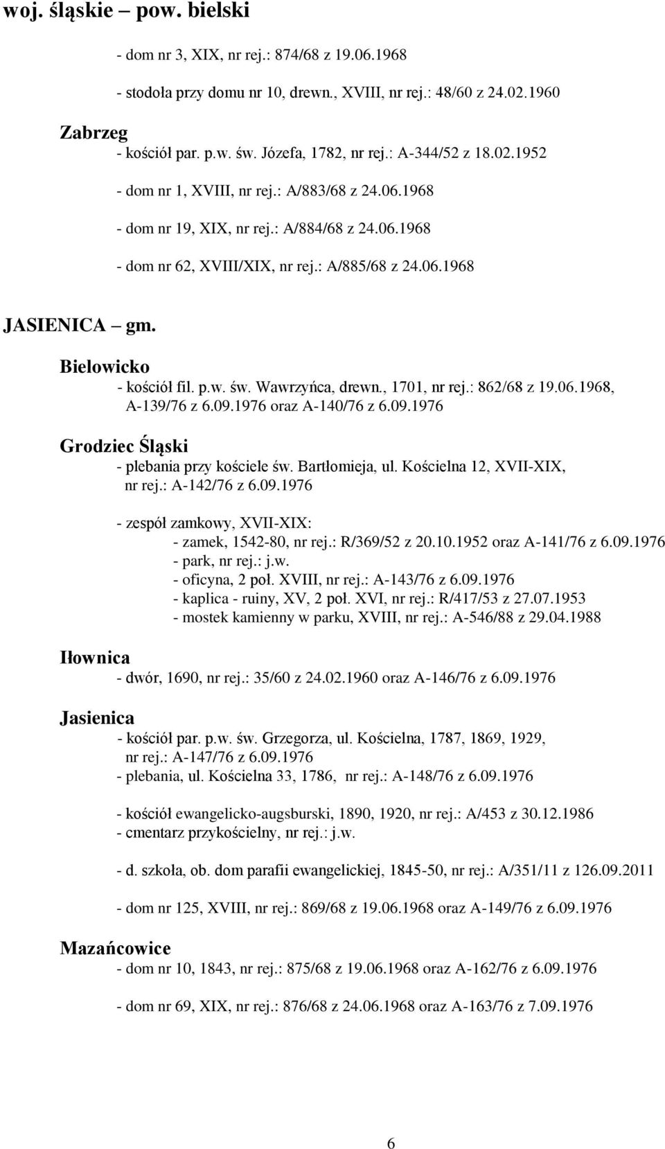 Bielowicko - kościół fil. p.w. św. Wawrzyńca, drewn., 1701, nr rej.: 862/68 z 19.06.1968, A-139/76 z 6.09.1976 oraz A-140/76 z 6.09.1976 Grodziec Śląski - plebania przy kościele św. Bartłomieja, ul.