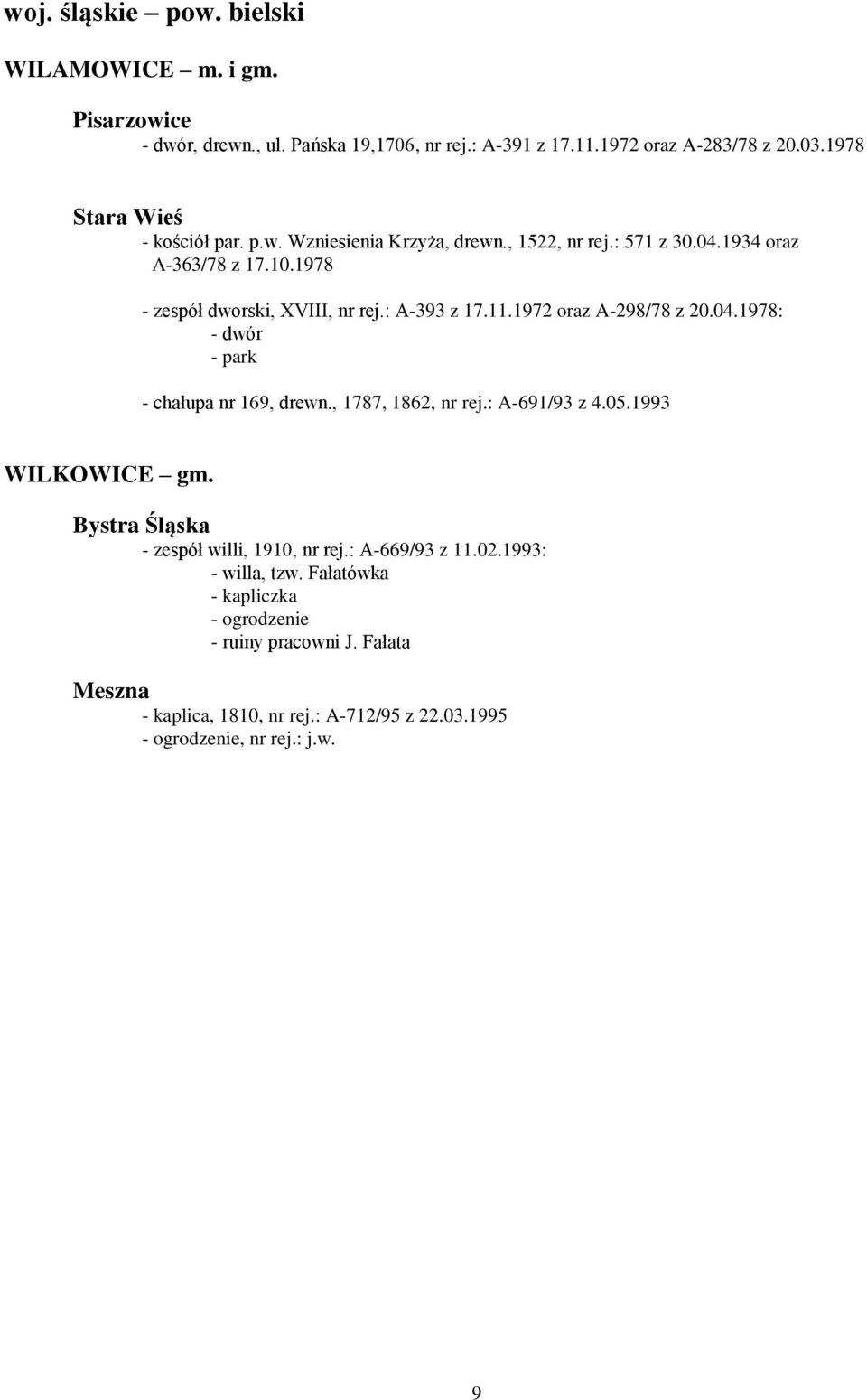 11.1972 oraz A-298/78 z 20.04.1978: - dwór - park - chałupa nr 169, drewn., 1787, 1862, nr rej.: A-691/93 z 4.05.1993 WILKOWICE gm.