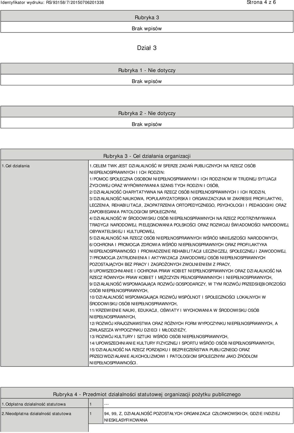 WYRÓWNYWANIA SZANS TYCH RODZIN I OSÓB, 2/DZIAŁALNOŚĆ CHARYTATYWNA NA RZECZ OSÓB NIEPEŁNOSPRAWNYCH I ICH RODZIN, 3/DZIAŁALNOŚĆ NAUKOWA, POPULARYZATORSKA I ORGANIZACYJNA W ZAKRESIE PROFILAKTYKI,