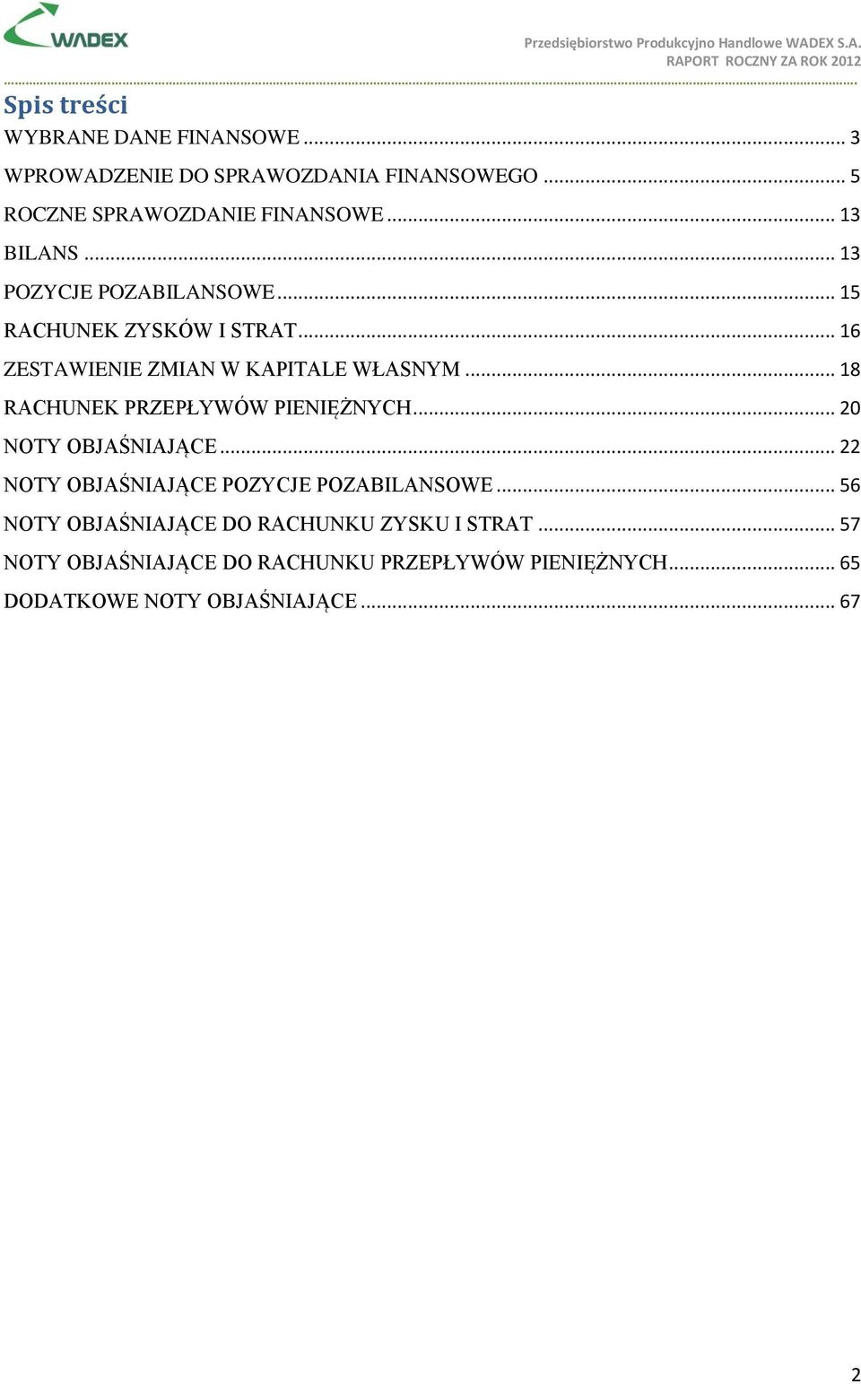 .. 18 RACHUNEK PRZEPŁYWÓW PIENIĘŻNYCH... 20 NOTY OBJAŚNIAJĄCE... 22 NOTY OBJAŚNIAJĄCE POZYCJE POZABILANSOWE.