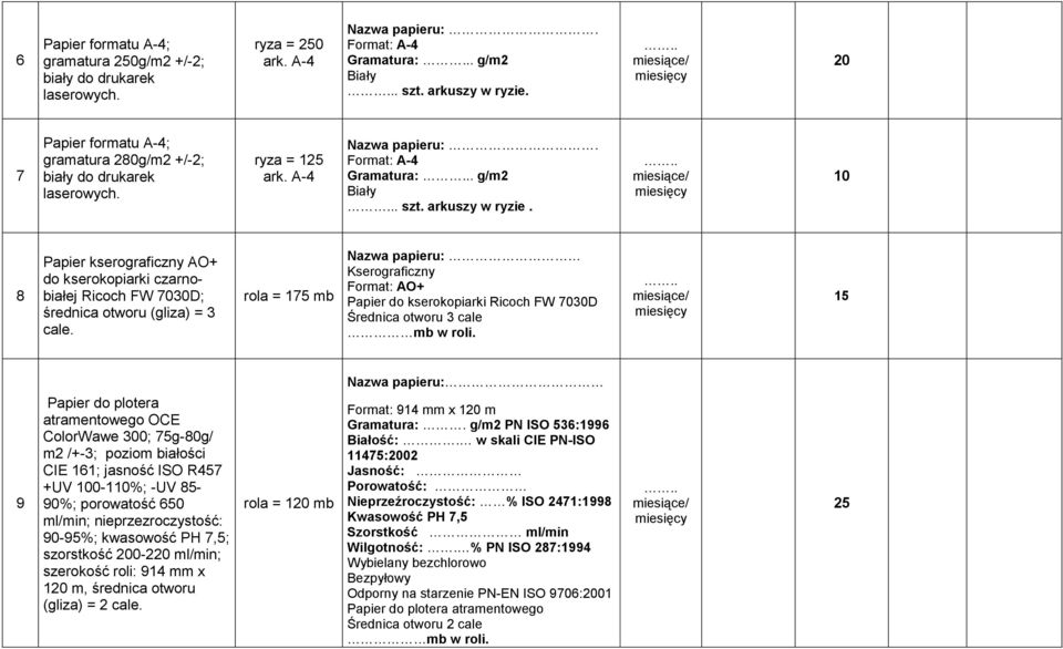 1 9 Papier do plotera atramentowego OCE ColorWawe 300; 7g-80g/ m2 /+-3; poziom białości CIE 161; jasność ISO R47 +UV 0-1%; -UV 8-90%; porowatość 60 ml/min; nieprzezroczystość: 90-9%; kwasowość PH 7,;