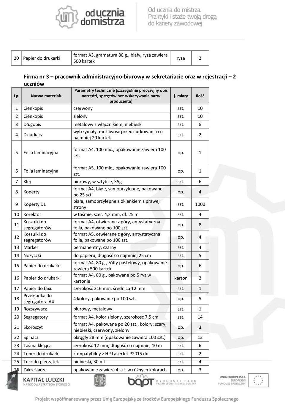 producenta) j. miary Ilość 1 Cienkopis czerwony szt. 10 2 Cienkopis zielony szt. 10 3 Długopis metalowy z włącznikiem, niebieski szt.