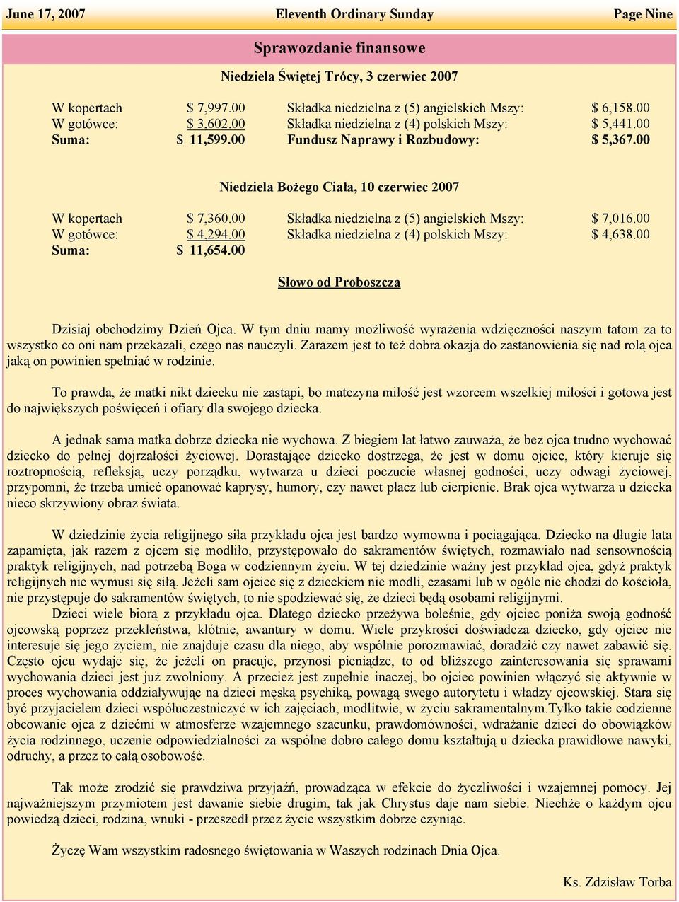 00 Składka niedzielna z (5) angielskich Mszy: $ 7,016.00 W gotówce: $ 4,294.00 Składka niedzielna z (4) polskich Mszy: $ 4,638.00 Suma: $ 11,654.00 Słowo od Proboszcza Dzisiaj obchodzimy Dzień Ojca.