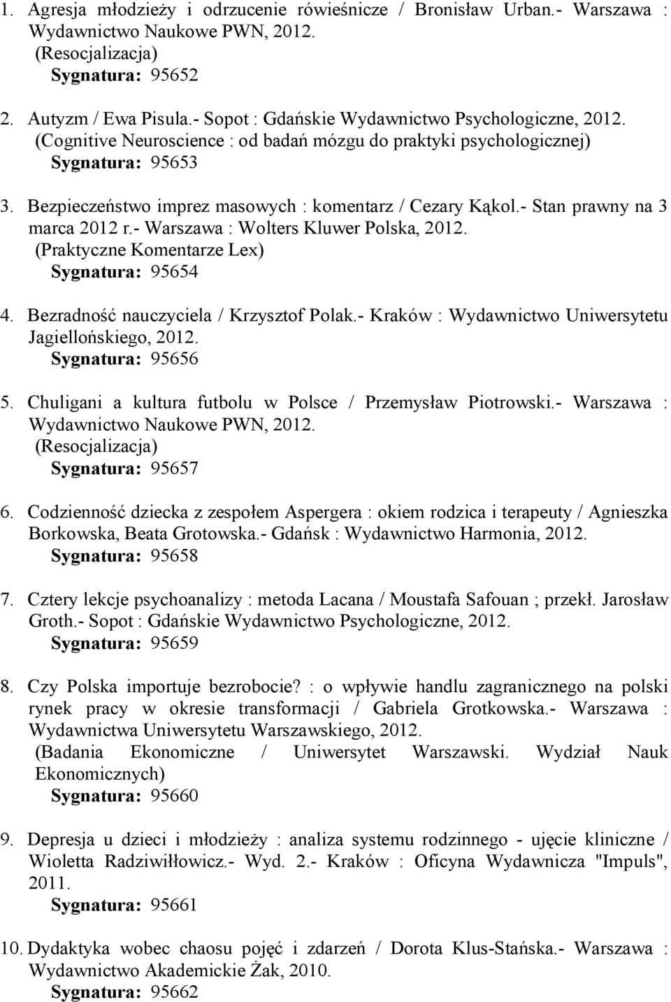 - Warszawa : Wolters Kluwer Polska, 2012. (Praktyczne Komentarze Lex) Sygnatura: 95654 4. Bezradność nauczyciela / Krzysztof Polak.- Kraków : Wydawnictwo Uniwersytetu Jagiellońskiego, 2012.