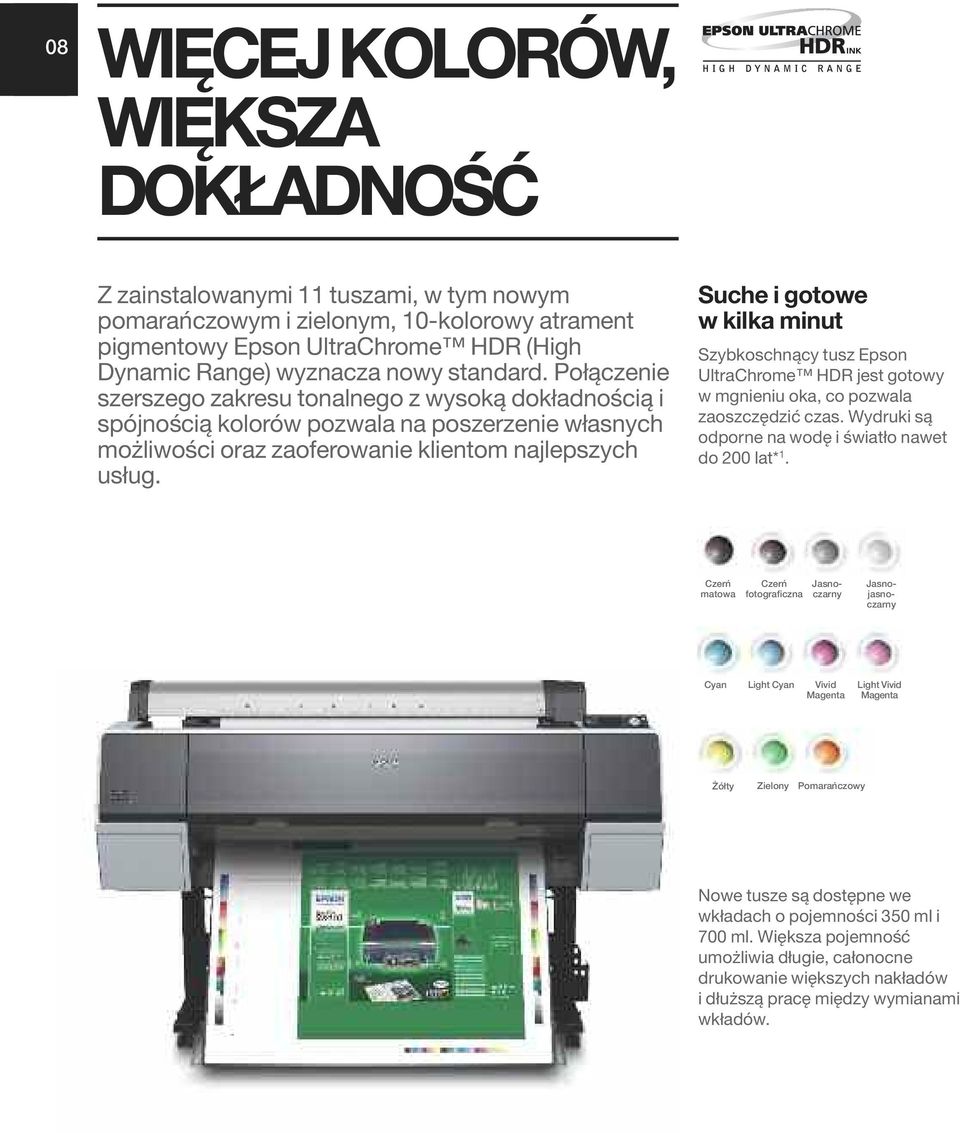 Suche i gotowe w kilka minut Szybkoschnący tusz Epson UltraChrome HDR jest gotowy w mgnieniu oka, co pozwala zaoszczędzić czas. Wydruki są odporne na wodę i światło nawet do 200 lat* 1.