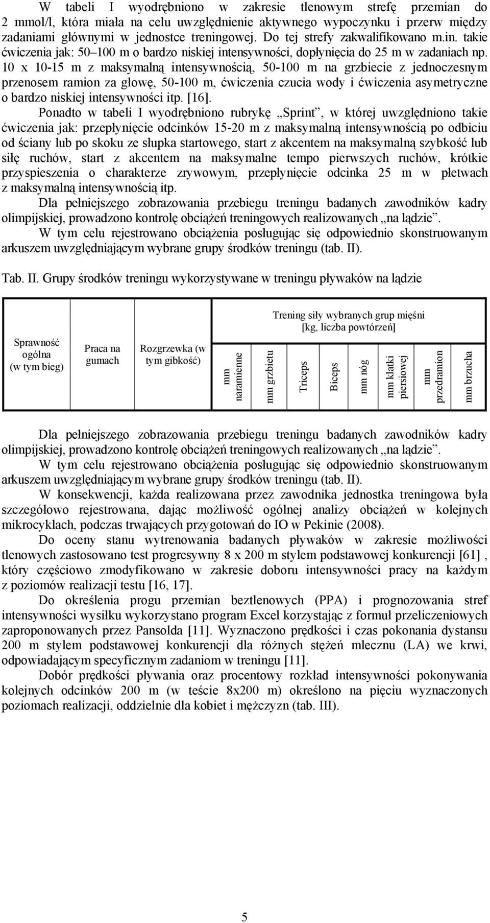 10 x 10-15 m z maksymalną intensywnością, 50-100 m na grzbiecie z jednoczesnym przenosem ramion za głowę, 50-100 m, ćwiczenia czucia wody i ćwiczenia asymetryczne o bardzo niskiej intensywności itp.