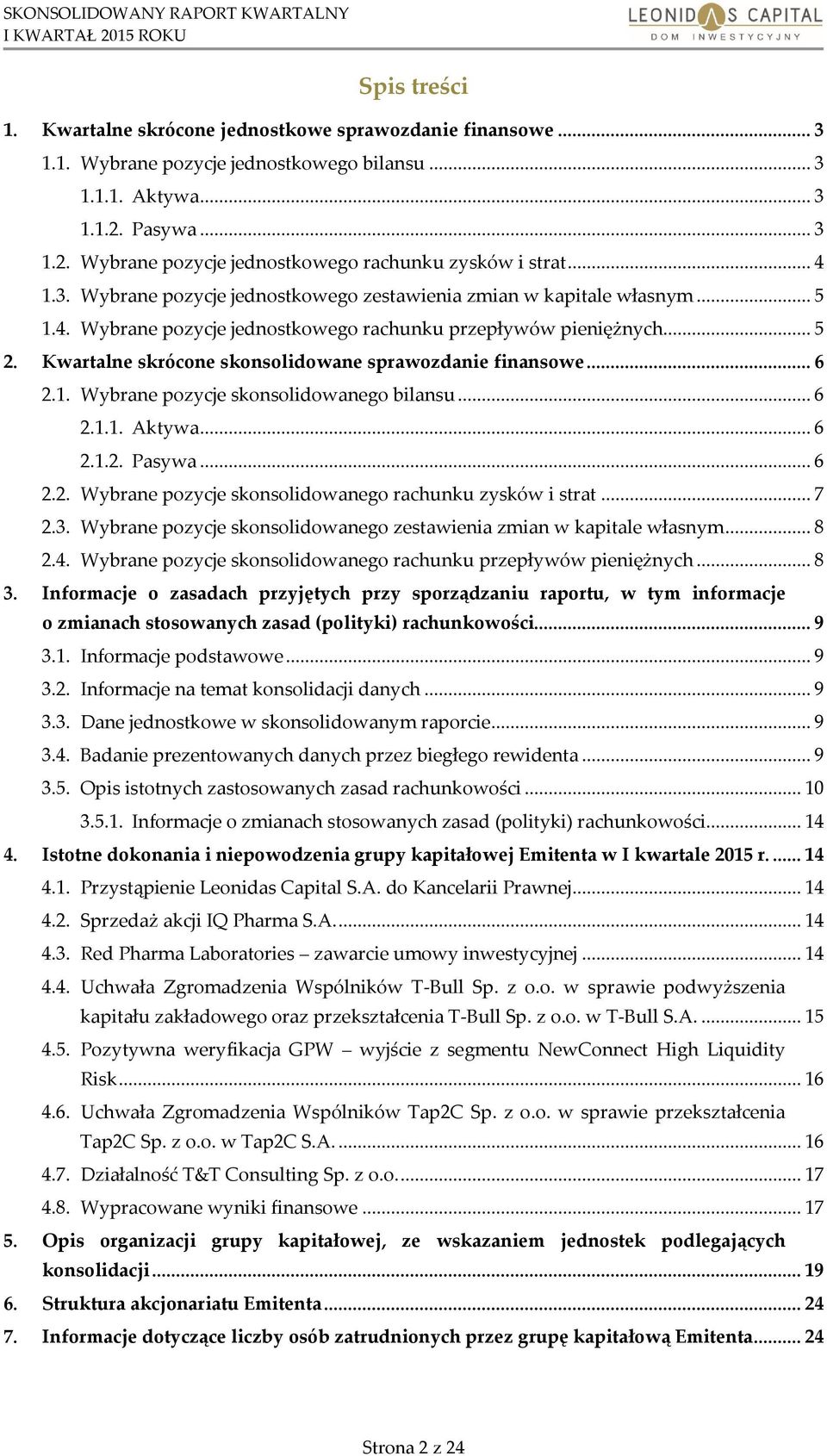 .. 5 2. Kwartalne skrócone skonsolidowane sprawozdanie finansowe... 6 2.1. Wybrane pozycje skonsolidowanego bilansu... 6 2.1.1. Aktywa... 6 2.1.2. Pasywa... 6 2.2. Wybrane pozycje skonsolidowanego rachunku zysków i strat.