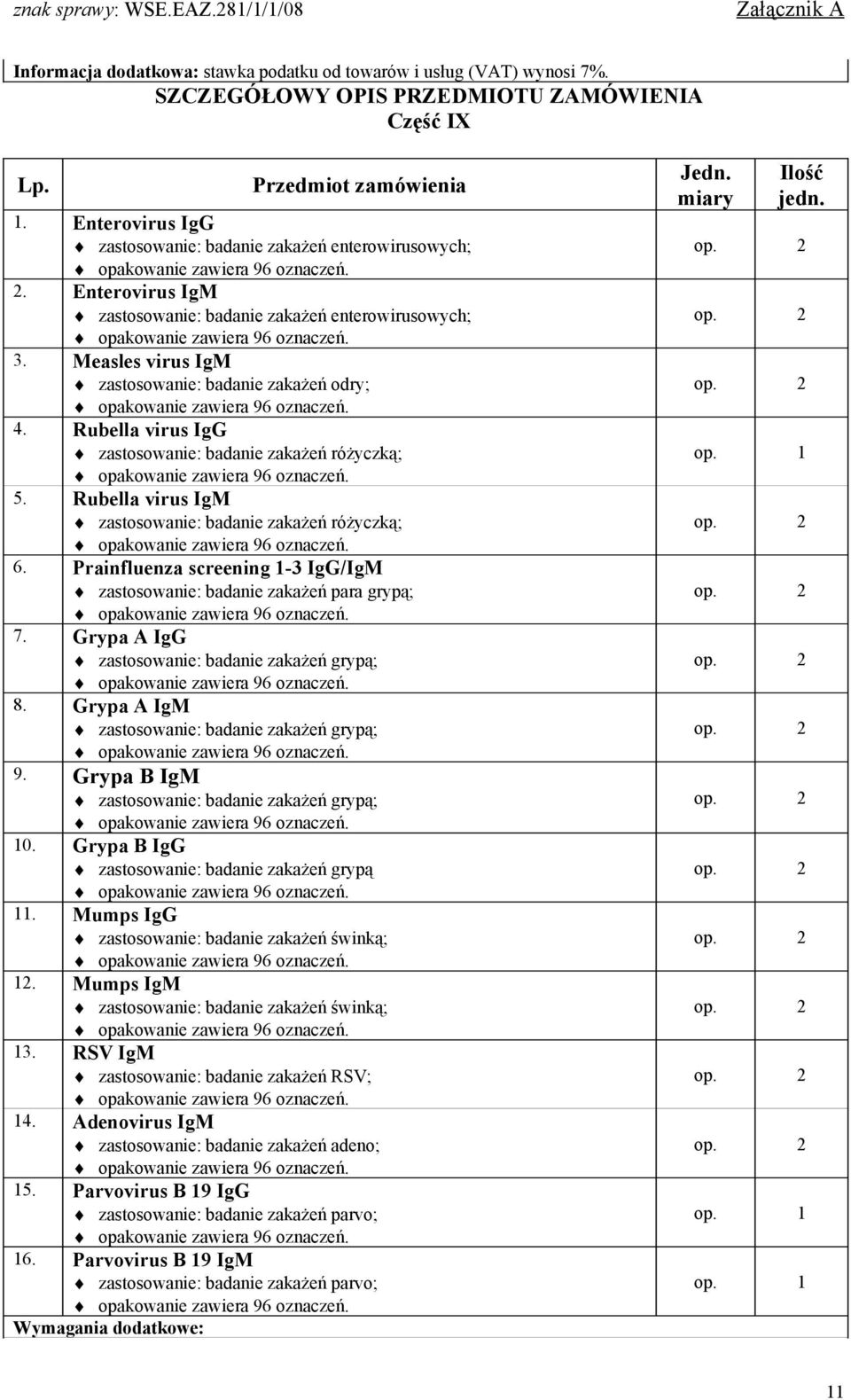 Prainfluenza screening 1-3 IgG/IgM zastosowanie: badanie zakażeń para grypą; 7. Grypa A IgG zastosowanie: badanie zakażeń grypą; 8. Grypa A IgM zastosowanie: badanie zakażeń grypą; 9.