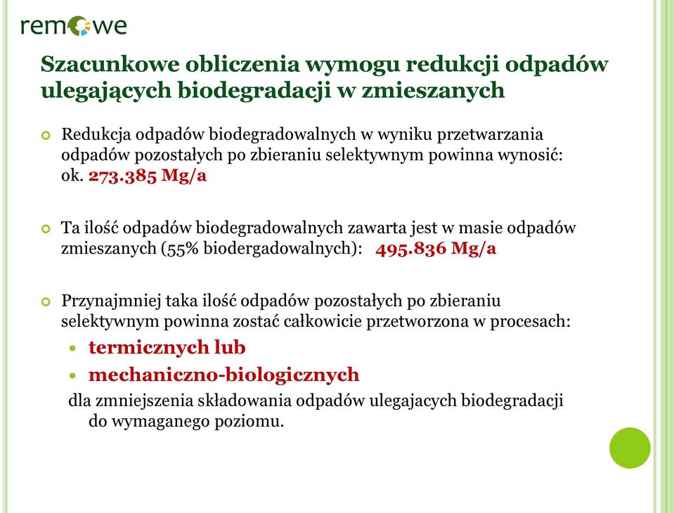 385 Mg/a Ta ilość odpadów biodegradowalnych zawarta jest w masie odpadów zmieszanych (55% biodergadowalnych): 495.