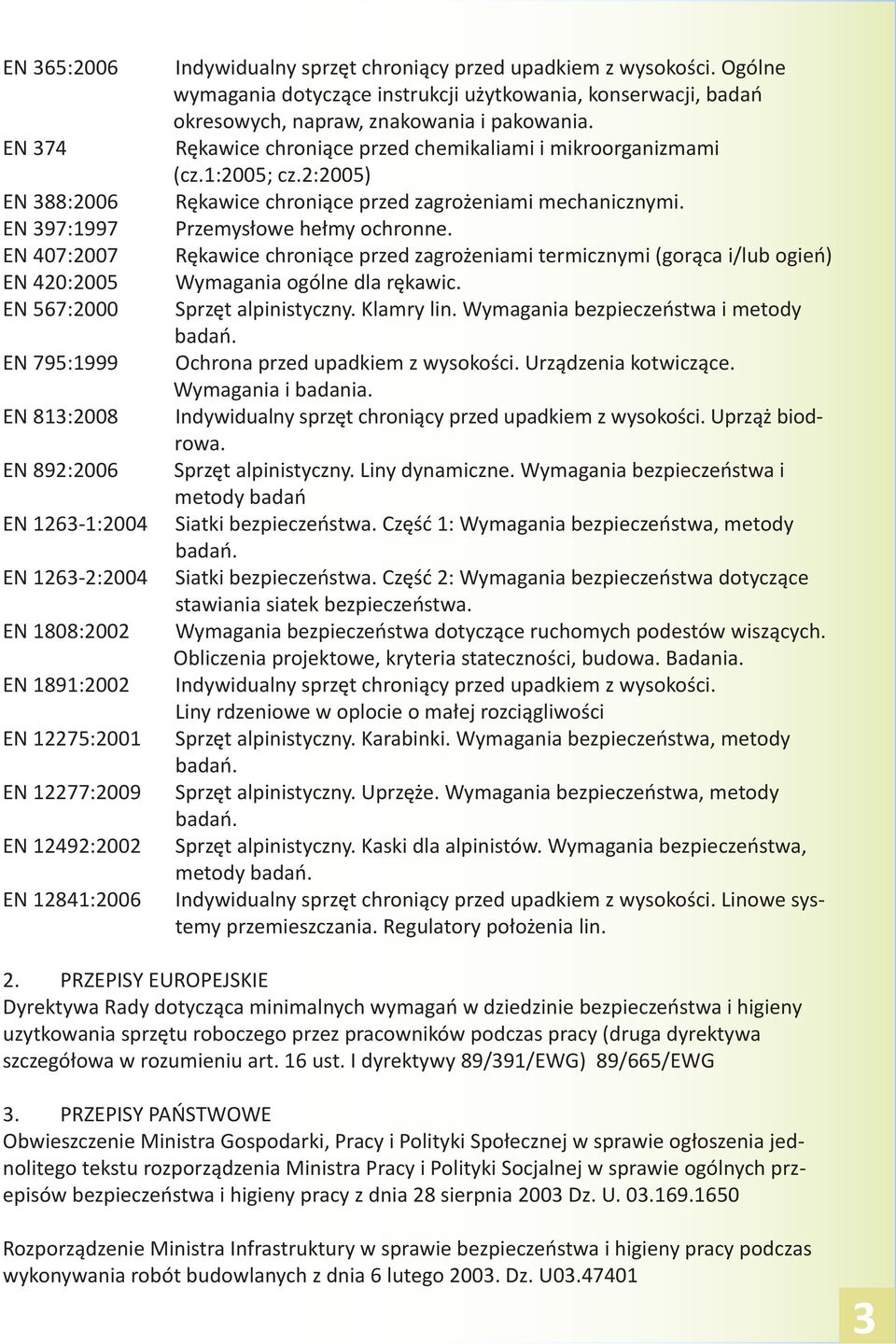 Rękawice chroniące przed chemikaliami i mikroorganizmami (cz.1:2005; cz.2:2005) Rękawice chroniące przed zagrożeniami mechanicznymi. Przemysłowe hełmy ochronne.