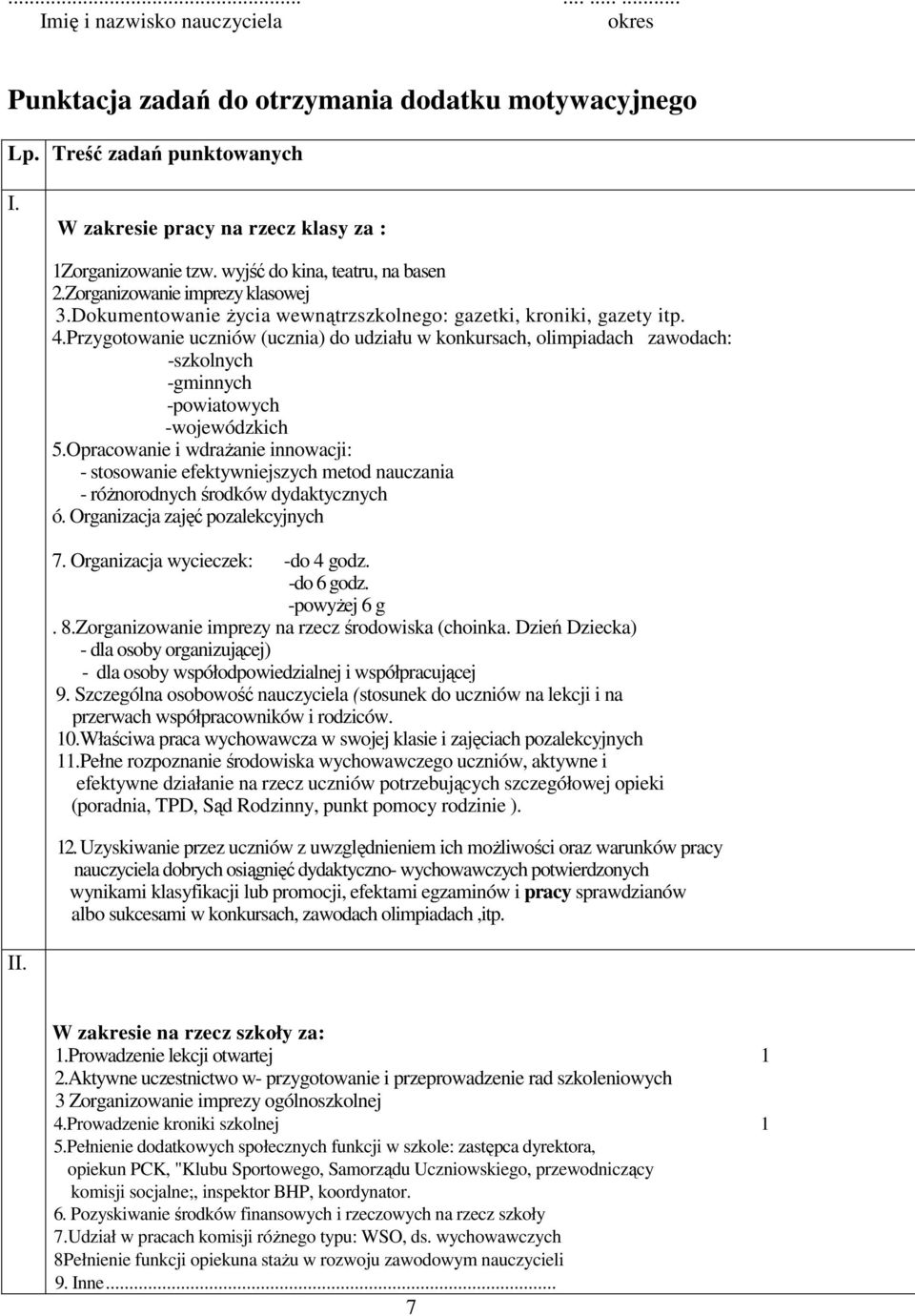 Przygotowanie uczniów (ucznia) do udziału w konkursach, olimpiadach zawodach: -szkolnych -gminnych -powiatowych -wojewódzkich 5.