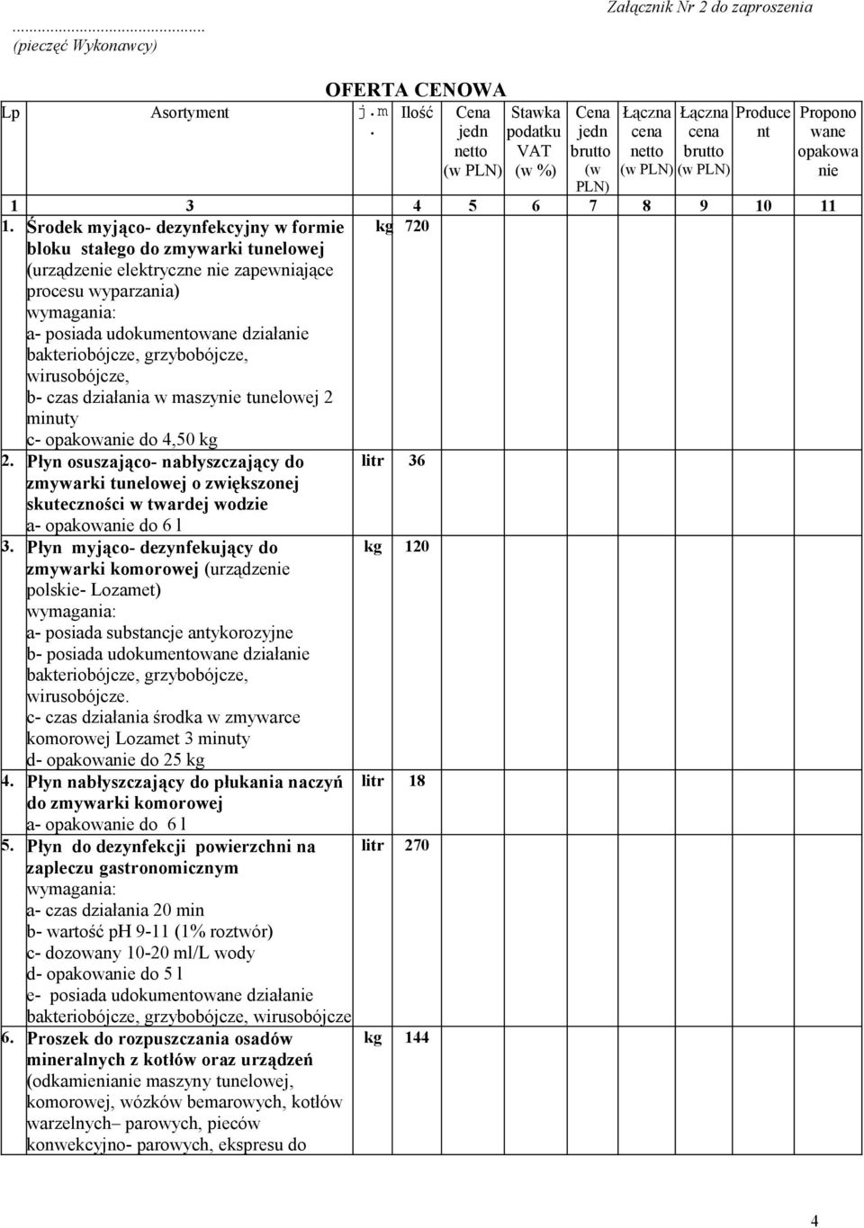 OFERTA CENOWA Ilość Cena jedn netto (w PLN) Stawka podatku VAT (w %) Cena jedn brutto (w PLN) Łączna cena netto (w PLN) Łączna cena brutto (w PLN) Produce nt Propono wane opakowa nie 1 3 4 5 6 7 8 9