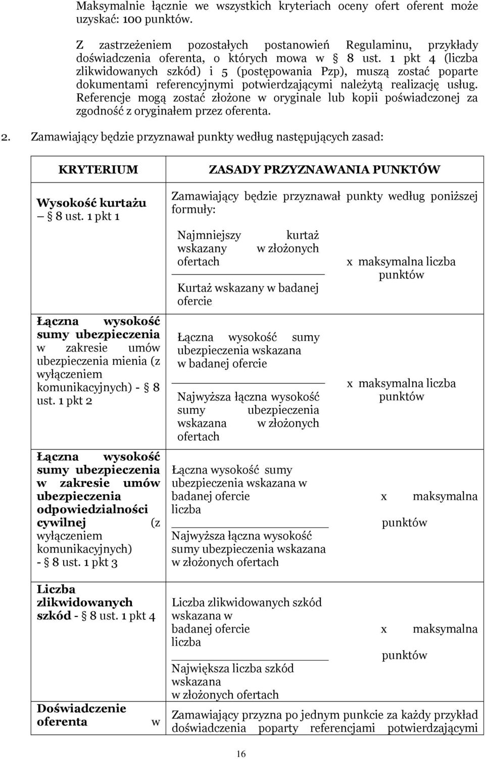 1 pkt 4 (liczba zlikwidowanych szkód) i 5 (postępowania Pzp), muszą zostać poparte dokumentami referencyjnymi potwierdzającymi należytą realizację usług.