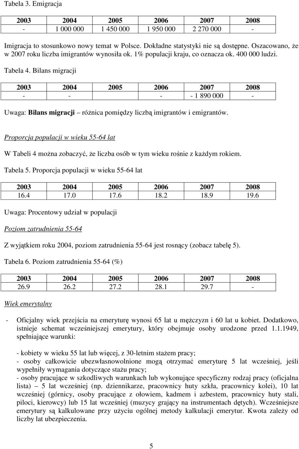 Bilans migracji 2003 2004 2005 2006 2007 2008 - - - - 1 890 000 - Uwaga: Bilans migracji róŝnica pomiędzy liczbą imigrantów i emigrantów.