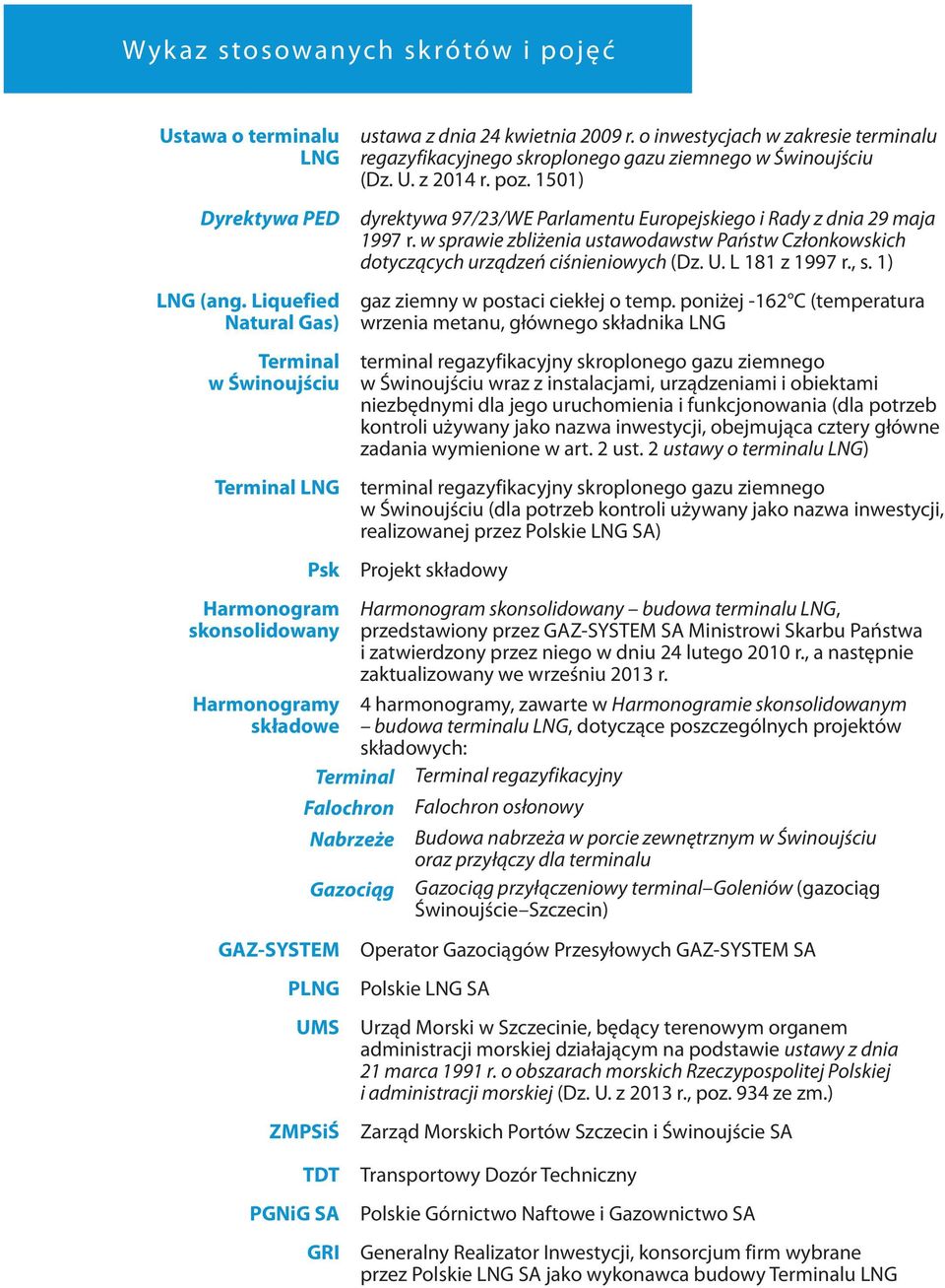 PLNG UMS ZMPSiŚ ustawa z dnia 24 kwietnia 2009 r. o inwestycjach w zakresie terminalu regazyfikacyjnego skroplonego gazu ziemnego w Świnoujściu (Dz. U. z 2014 r. poz.