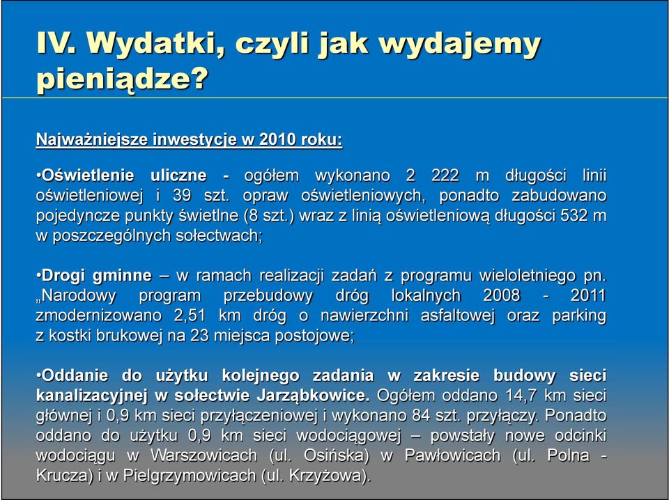 Narodowy program przebudowy dróg lokalnych 2008-2011 zmodernizowano 2,51 km dróg o nawierzchni asfaltowej oraz parking z kostki brukowej na 23 miejsca postojowe; Oddanie do użytku kolejnego zadania w