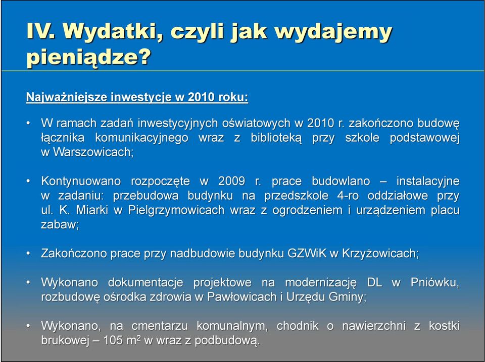 prace budowlano instalacyjne w zadaniu: przebudowa budynku na przedszkole 4-ro oddziałowe przy ul. K.