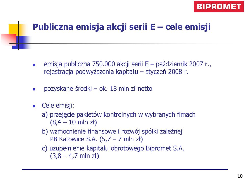 18 mln zł netto Cele emisji: a) przejęcie pakietów kontrolnych w wybranych fimach (8,4 10 mln zł) b)