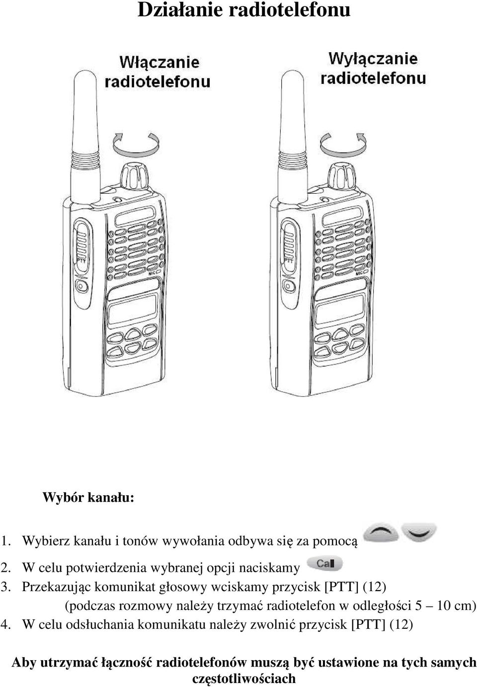 Przekazując komunikat głosowy wciskamy przycisk [PTT] (12) (podczas rozmowy należy trzymać radiotelefon w