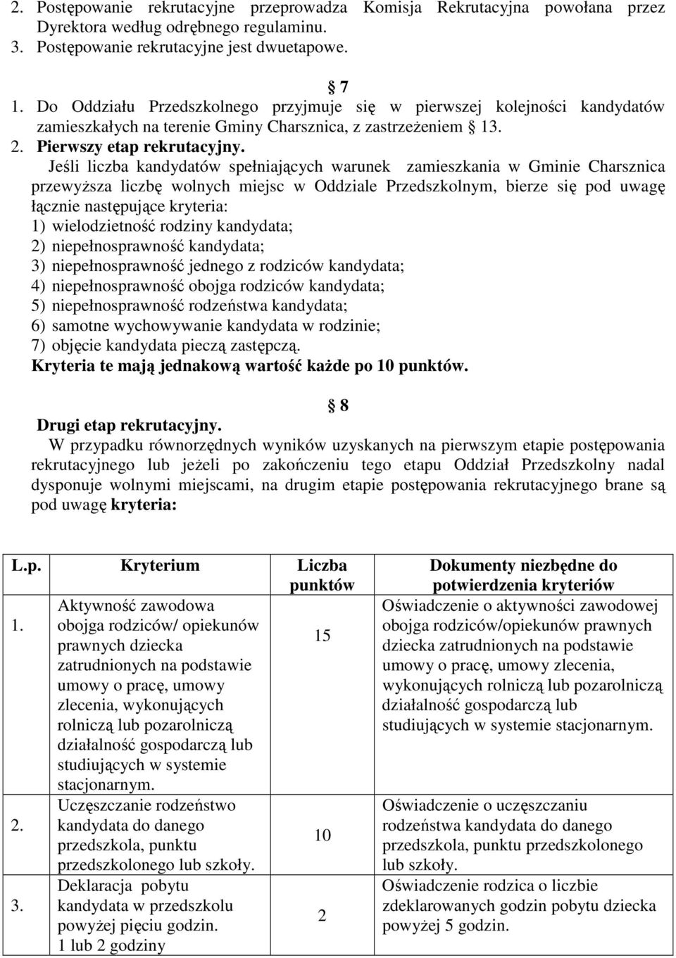 Jeśli liczba kandydatów spełniających warunek zamieszkania w Gminie Charsznica przewyższa liczbę wolnych miejsc w Oddziale Przedszkolnym, bierze się pod uwagę łącznie następujące kryteria: 1)