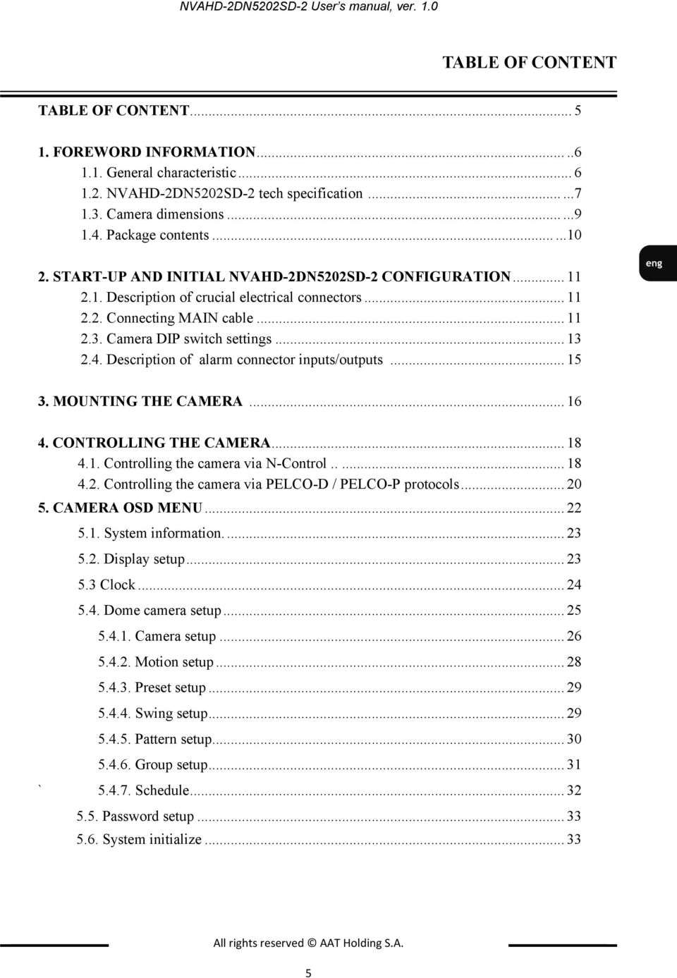 .. 11 2.3. Camera DIP switch settings... 13 2.4. Description of alarm connector inputs/outputs... 15 3. MOUNTING THE CAMERA... 16 4. CONTROLLING THE CAMERA... 18 4.1. Controlling the camera via N-Control.