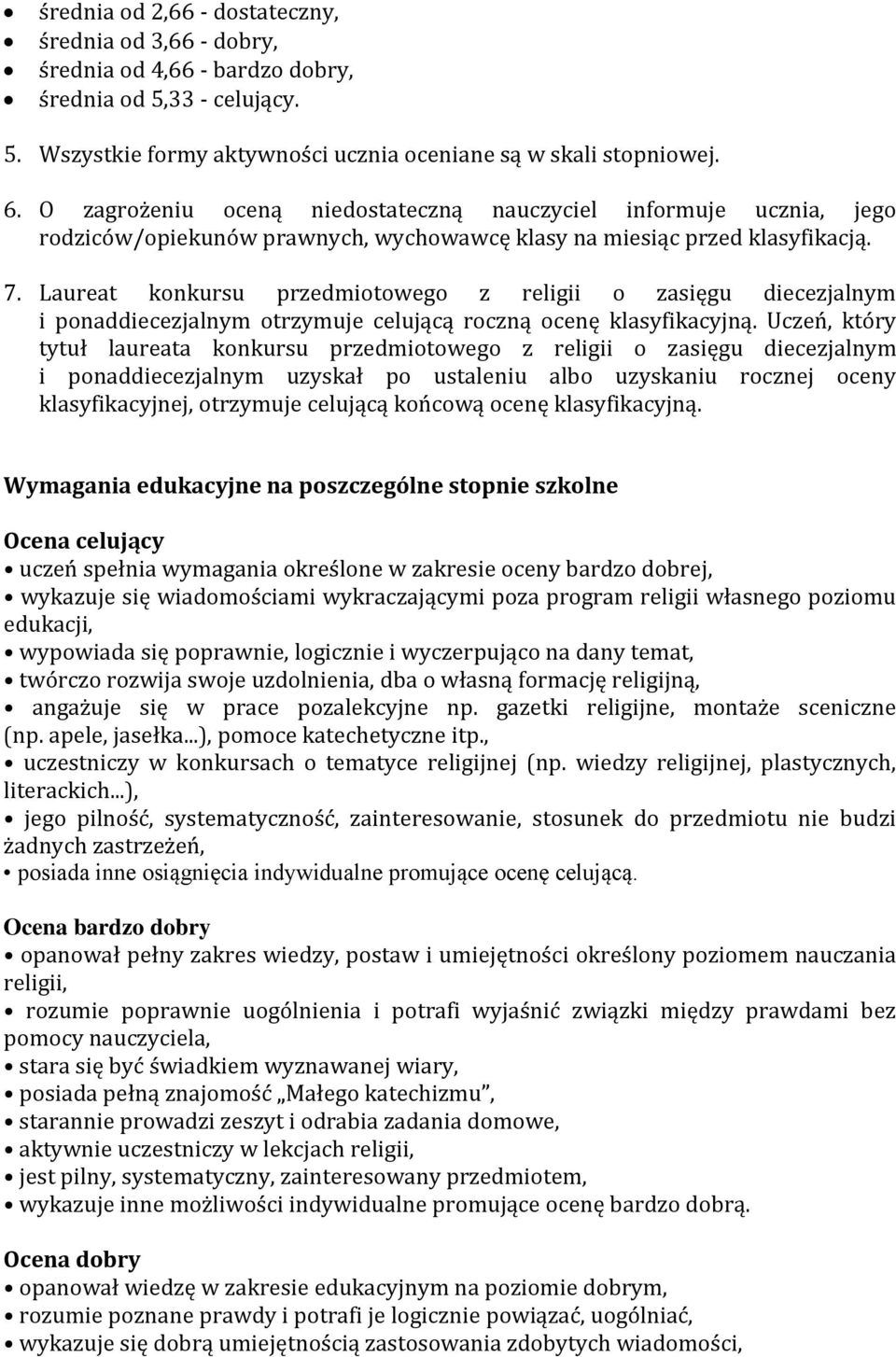 Laureat konkursu przedmiotowego z religii o zasięgu diecezjalnym i ponaddiecezjalnym otrzymuje celującą roczną ocenę klasyfikacyjną.