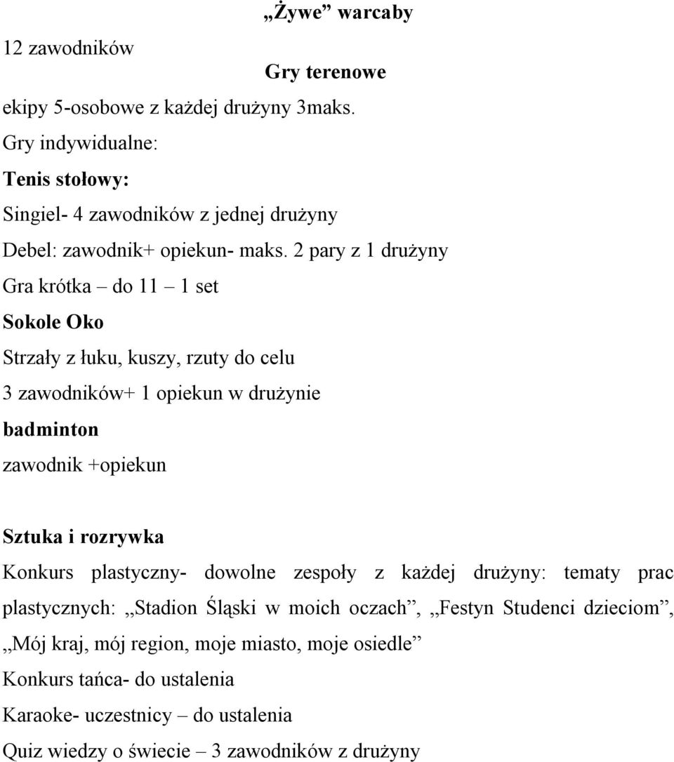 2 pary z 1 drużyny Gra krótka do 11 1 set Sokole Oko Strzały z łuku, kuszy, rzuty do celu 3 zawodników+ 1 opiekun w drużynie badminton zawodnik +opiekun Sztuka i