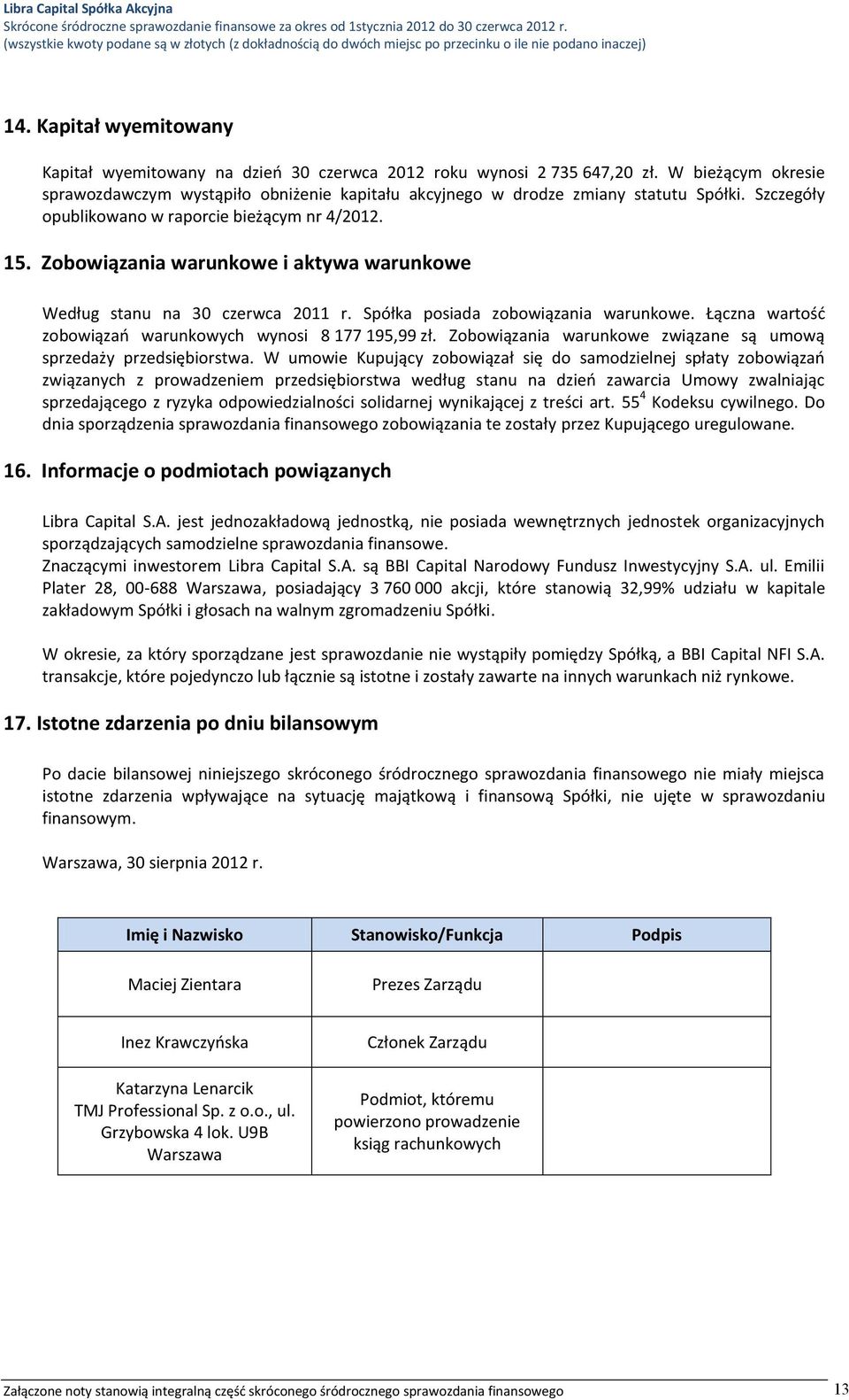 Kapitał wyemitowany Kapitał wyemitowany na dzień 30 czerwca 2012 roku wynosi 2 735 647,20 zł. W bieżącym okresie sprawozdawczym wystąpiło obniżenie kapitału akcyjnego w drodze zmiany statutu Spółki.