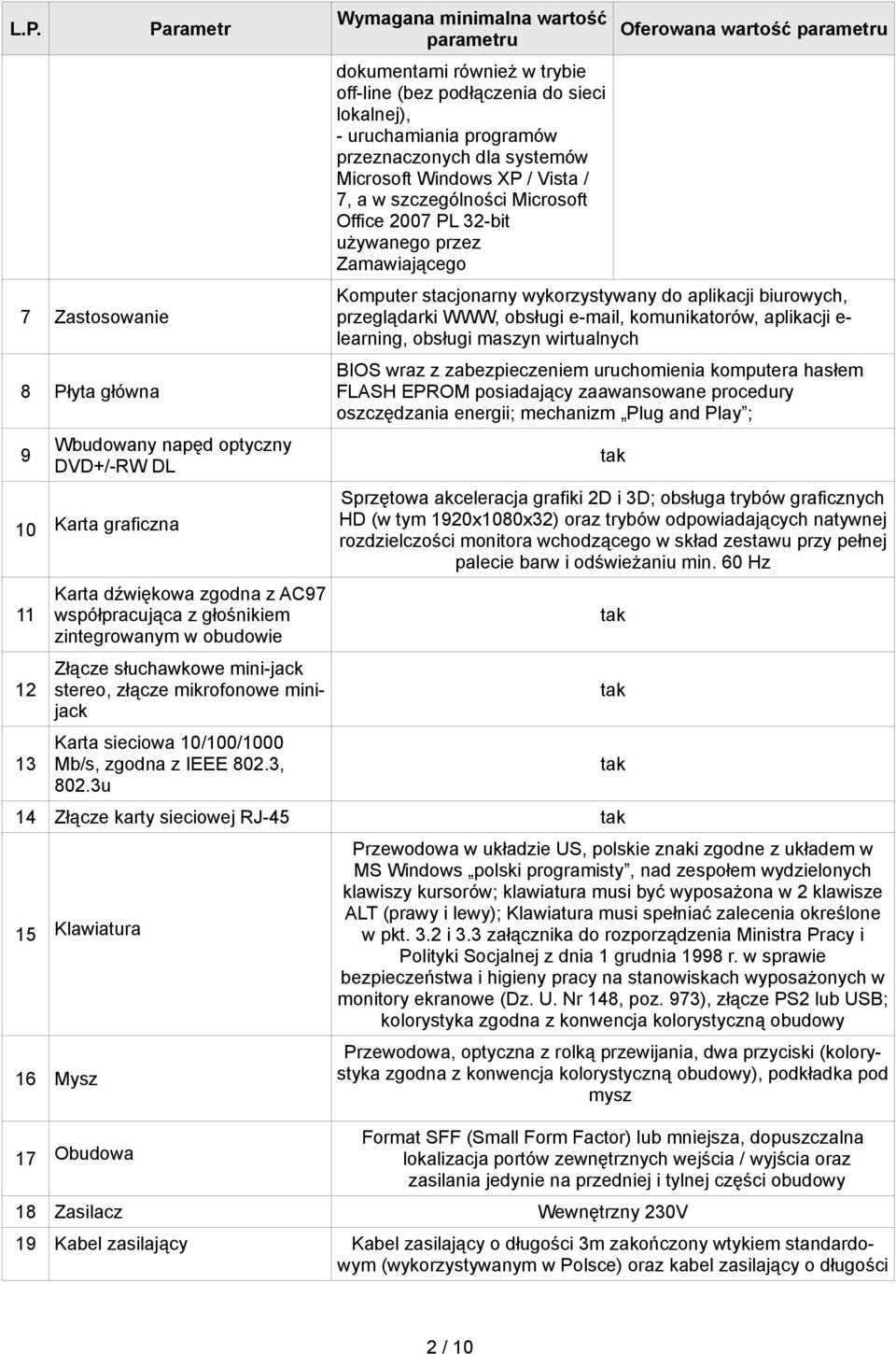 Komputer stacjonarny wykorzystywany do aplikacji biurowych, przeglądarki WWW, obsługi e-mail, komunikatorów, aplikacji e- learning, obsługi maszyn wirtualnych BIOS wraz z zabezpieczeniem uruchomienia