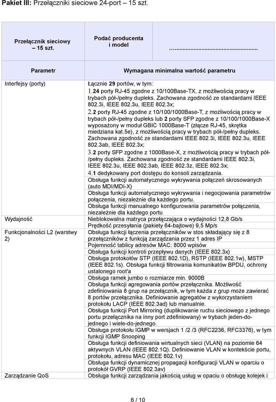 24 porty RJ-45 zgodne z 10/100Base-TX, z możliwością pracy w trybach pół-/pełny dupleks. Zachowana zgodność ze standardami IEEE 802.3i, IEEE 802.3u, IEEE 802.3x; 2.