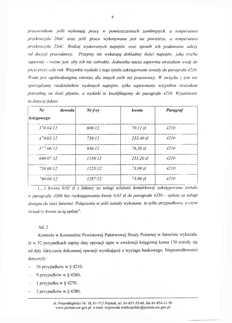 Jednostka nasza zapewnia strażakom wodę do picia przez cały rok. Wszystkie wydatki z tego tytułu zaksięgowane zostały do paragrafu 4210.