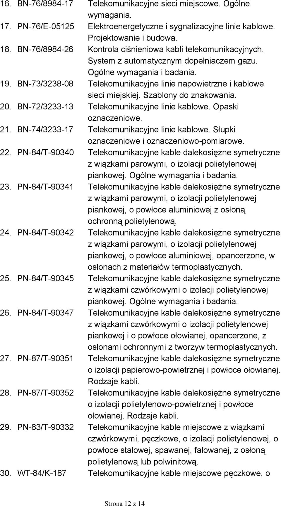 BN-73/3238-08 Telekomunikacyjne linie napowietrzne i kablowe sieci miejskiej. Szablony do znakowania. 20. BN-72/3233-13 Telekomunikacyjne linie kablowe. Opaski oznaczeniowe. 21.