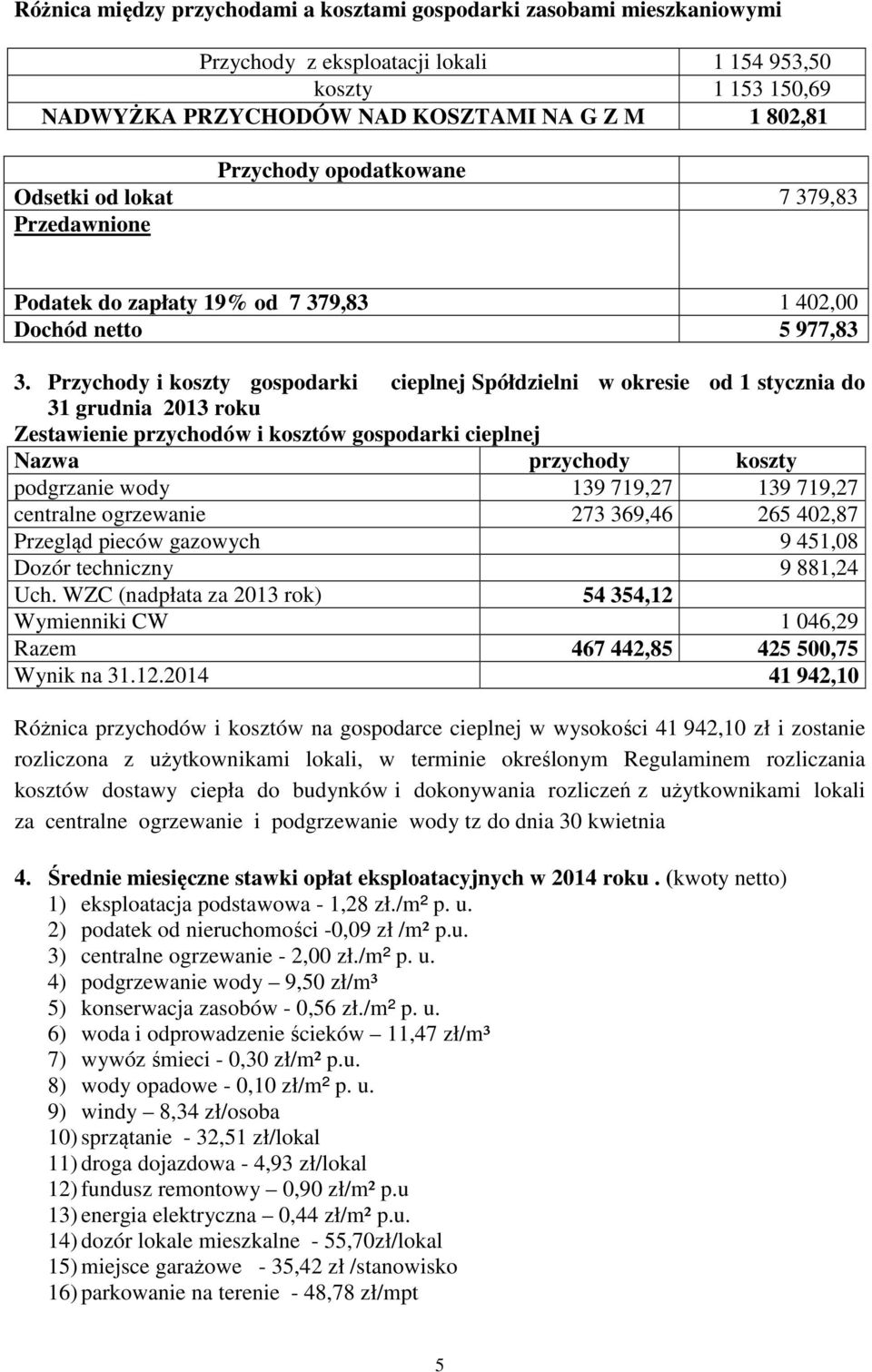 Przychody i koszty gospodarki cieplnej Spółdzielni w okresie od 1 stycznia do 31 grudnia 2013 roku Zestawienie przychodów i kosztów gospodarki cieplnej Nazwa przychody koszty podgrzanie wody 139