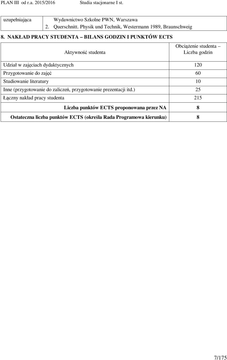 dydaktycznych 120 Przygotowanie do zajęć 60 Studiowanie literatury 10 Inne (przygotowanie do zaliczeń, przygotowanie prezentacji