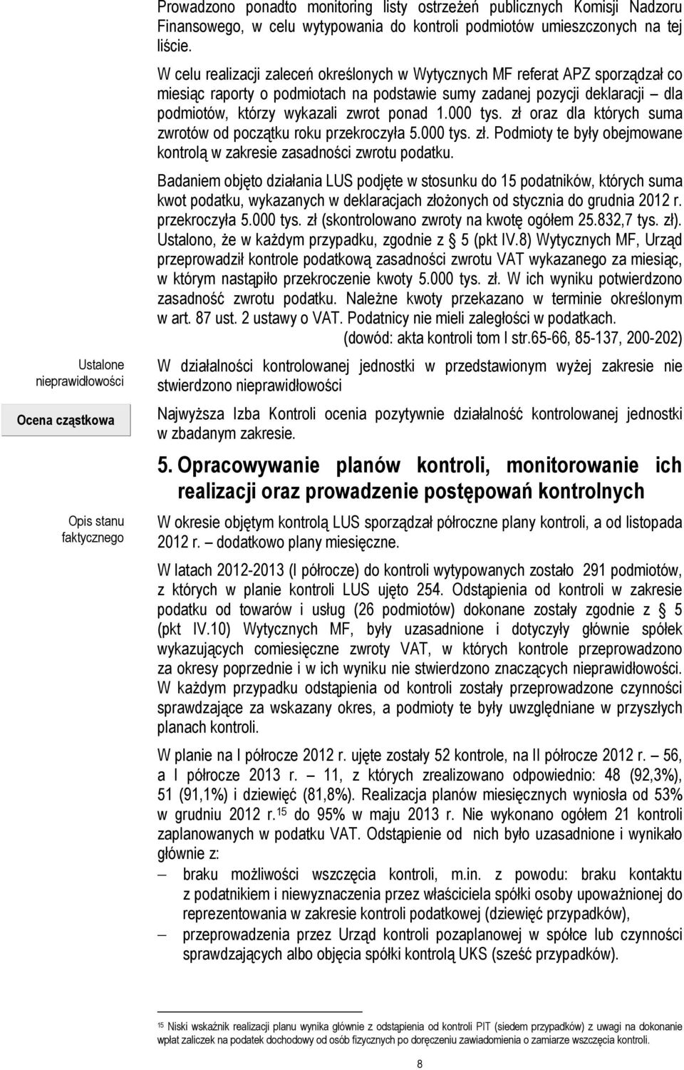 W celu realizacji zaleceń określonych w Wytycznych MF referat APZ sporządzał co miesiąc raporty o podmiotach na podstawie sumy zadanej pozycji deklaracji dla podmiotów, którzy wykazali zwrot ponad 1.