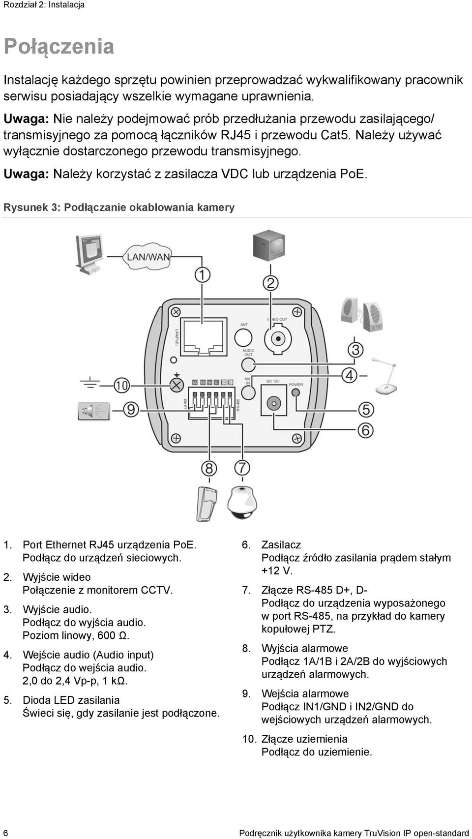 Uwaga: Należy korzystać z zasilacza VDC lub urządzenia PoE. Rysunek 3: Podłączanie okablowania kamery 1. Port Ethernet RJ45 urządzenia PoE. Podłącz do urządzeń sieciowych. 2.