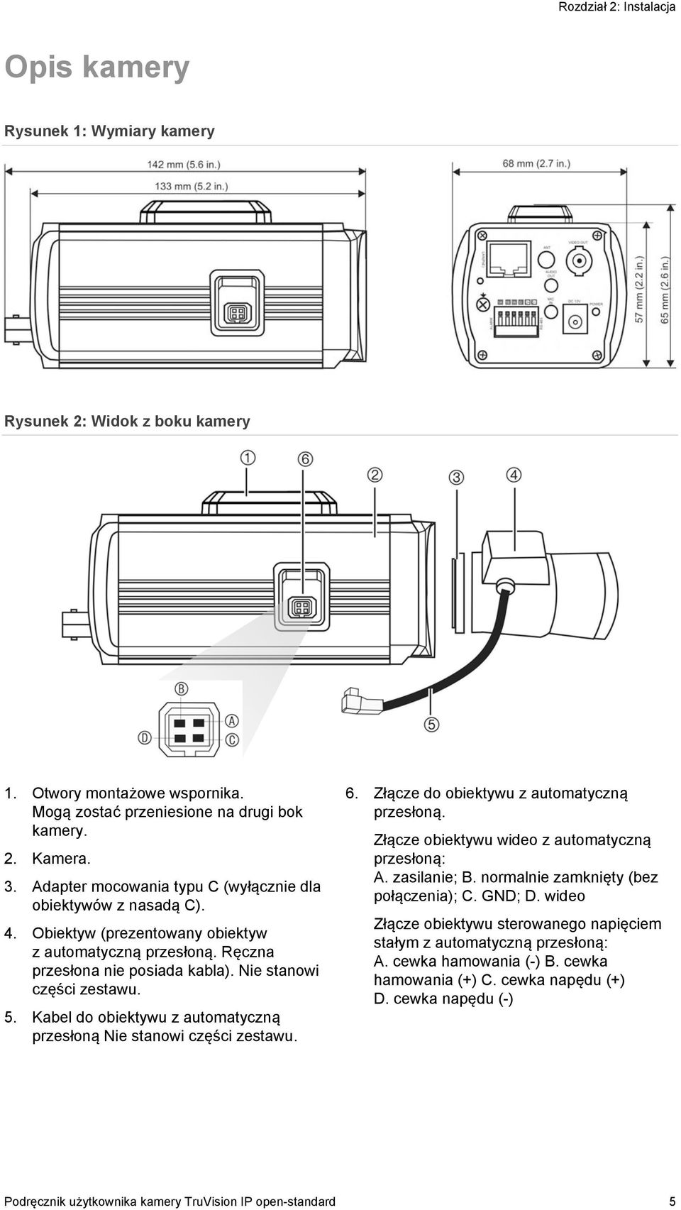 Kabel do obiektywu z automatyczną przesłoną Nie stanowi części zestawu. 6. Złącze do obiektywu z automatyczną przesłoną. Złącze obiektywu wideo z automatyczną przesłoną: A. zasilanie; B.