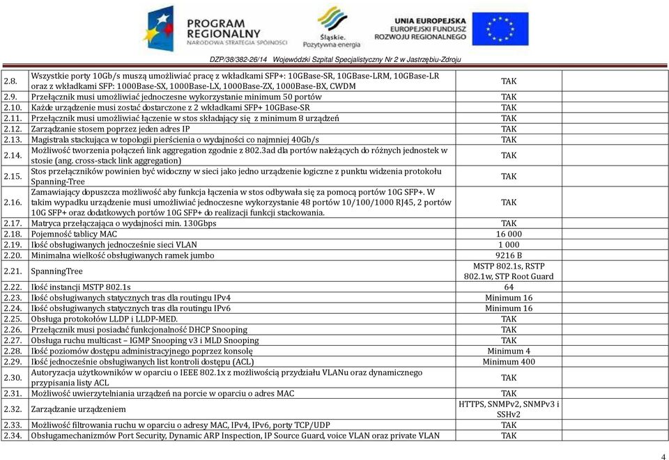 Przełącznik musi umożliwiać łączenie w stos składający się z minimum 8 urządzeń 2.12. Zarządzanie stosem poprzez jeden adres IP 2.13.