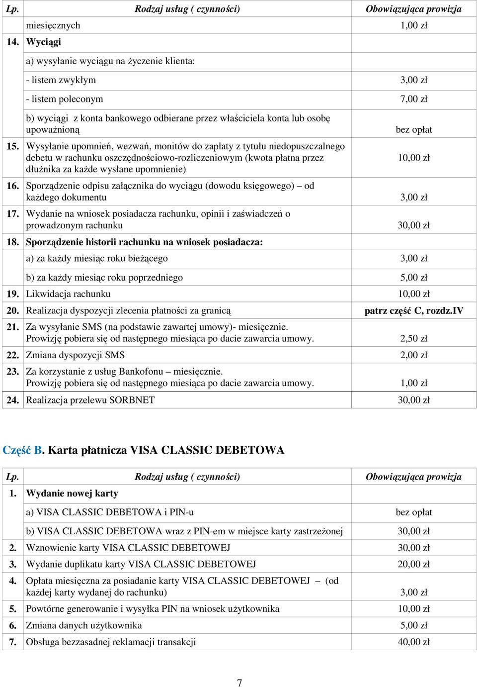 Sporządzenie odpisu załącznika do wyciągu (dowodu księgowego) od kaŝdego dokumentu 17. Wydanie na wniosek posiadacza rachunku, opinii i zaświadczeń o prowadzonym rachunku 18.