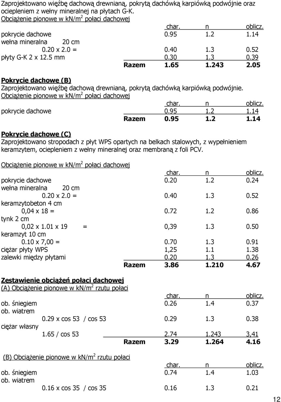 05 Pokrycie dachowe (B) Zaprojektowano więźbę dachową drewnianą, pokrytą dachówką karpiówką podwójnie. ObciąŜenie pionowe w kn/m 2 połaci dachowej pokrycie dachowe 0.95 1.2 1.