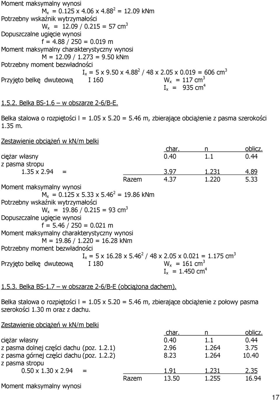 46 m, zbierające obciąŝenie z pasma szerokości 1.35 m. Zestawienie obciąŝeń w kn/m belki 1.35 x 2.94 = 3.97 1.231 4.89 Razem 4.37 1.220 5.33 M x = 0.125 x 5.33 x 5.46 2 = 19.86 knm W x = 19.86 / 0.