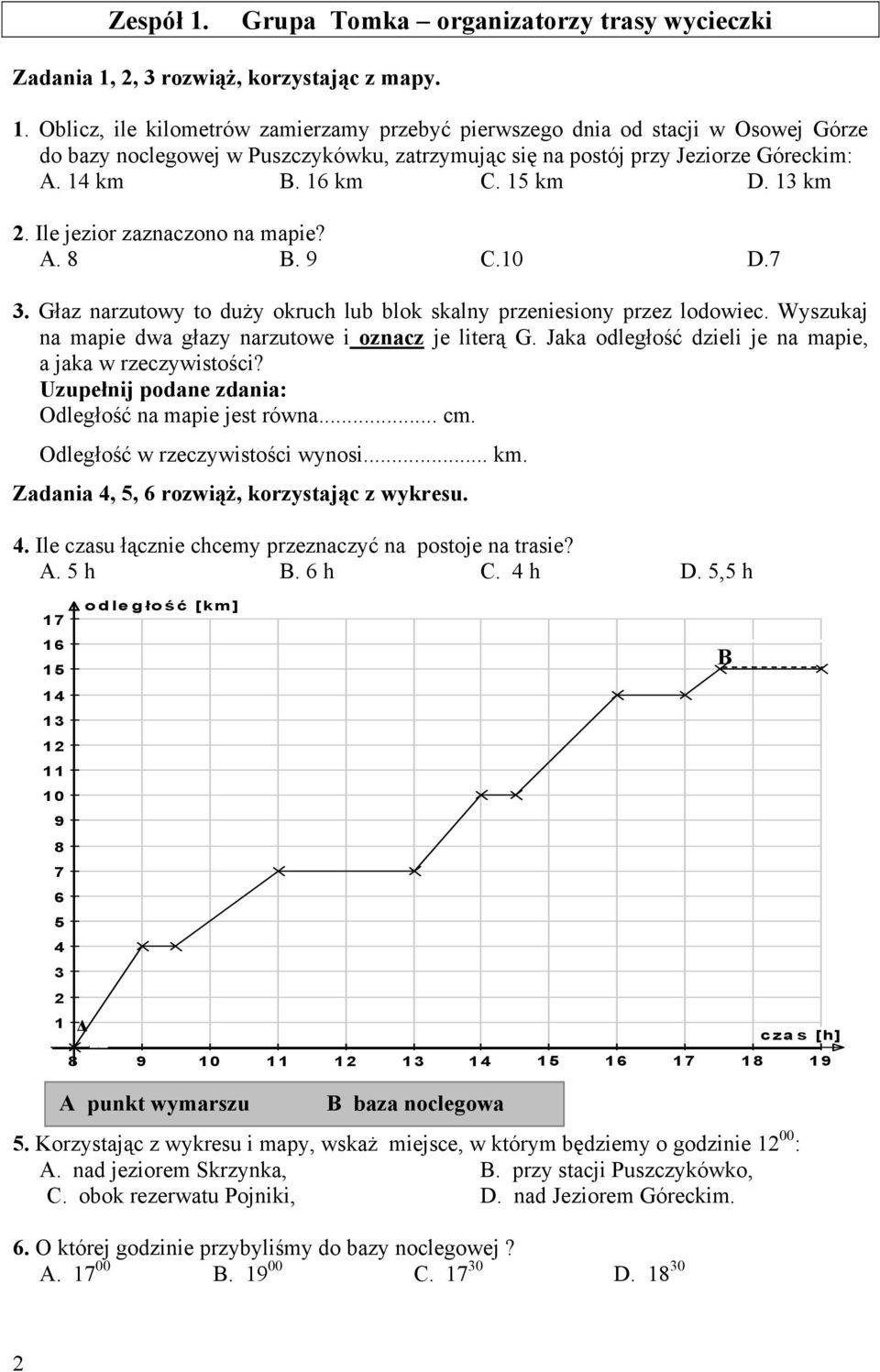 Wyszukaj na mapie dwa głazy narzutowe i oznacz je literą G. Jaka odległość dzieli je na mapie, a jaka w rzeczywistości? Uzupełnij podane zdania: Odległość na mapie jest równa... cm.