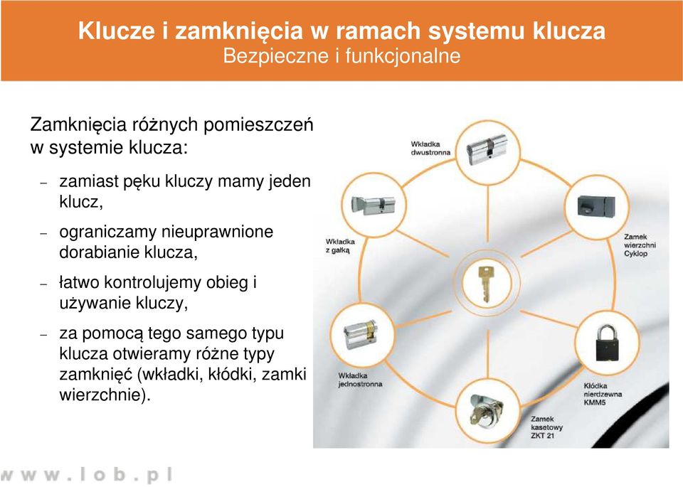 ograniczamy nieuprawnione dorabianie klucza, łatwo kontrolujemy obieg i używanie